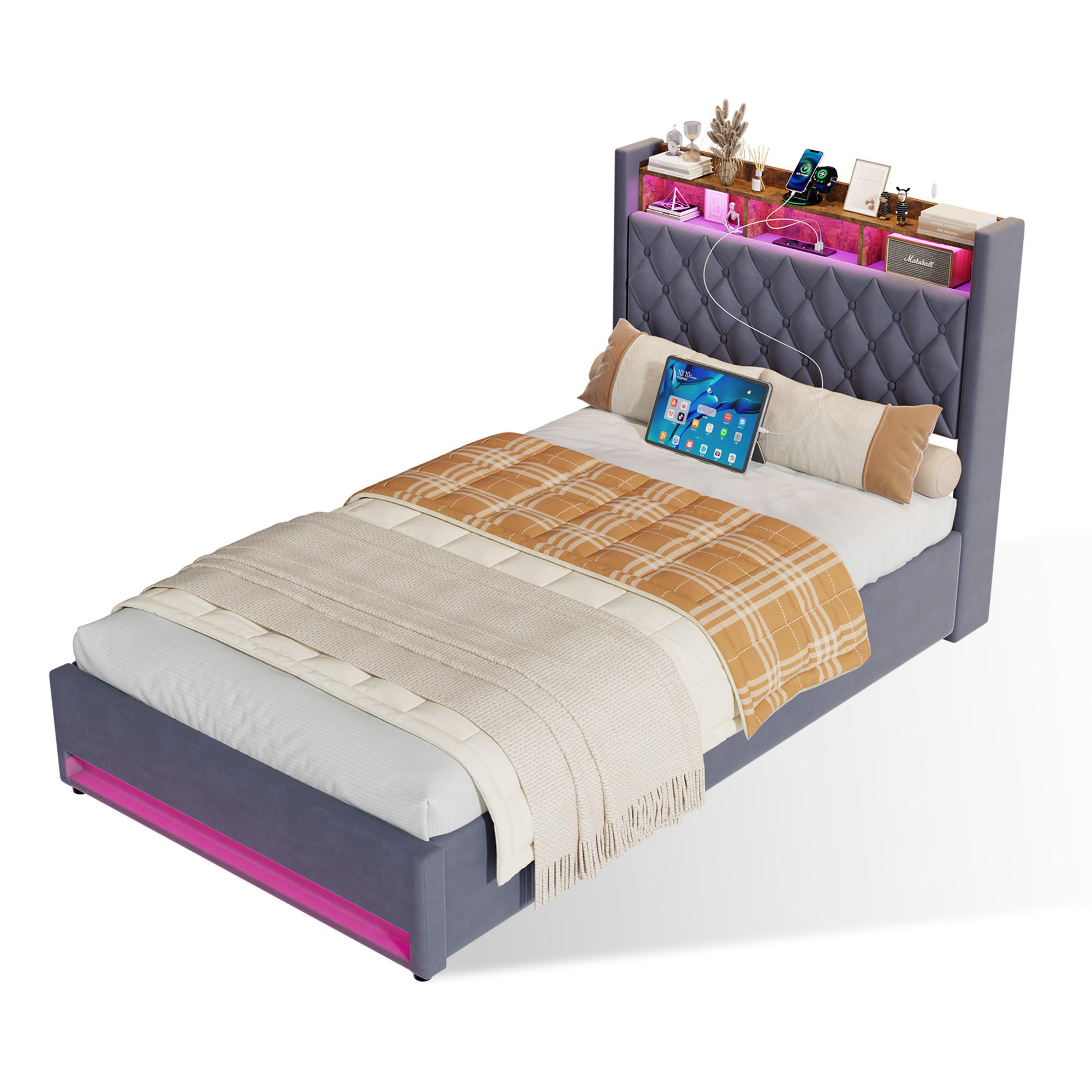 OKWISH ČALOUNĚNÁ postel 140/200 cm šedá s LED lištou osvětlení a USB porty