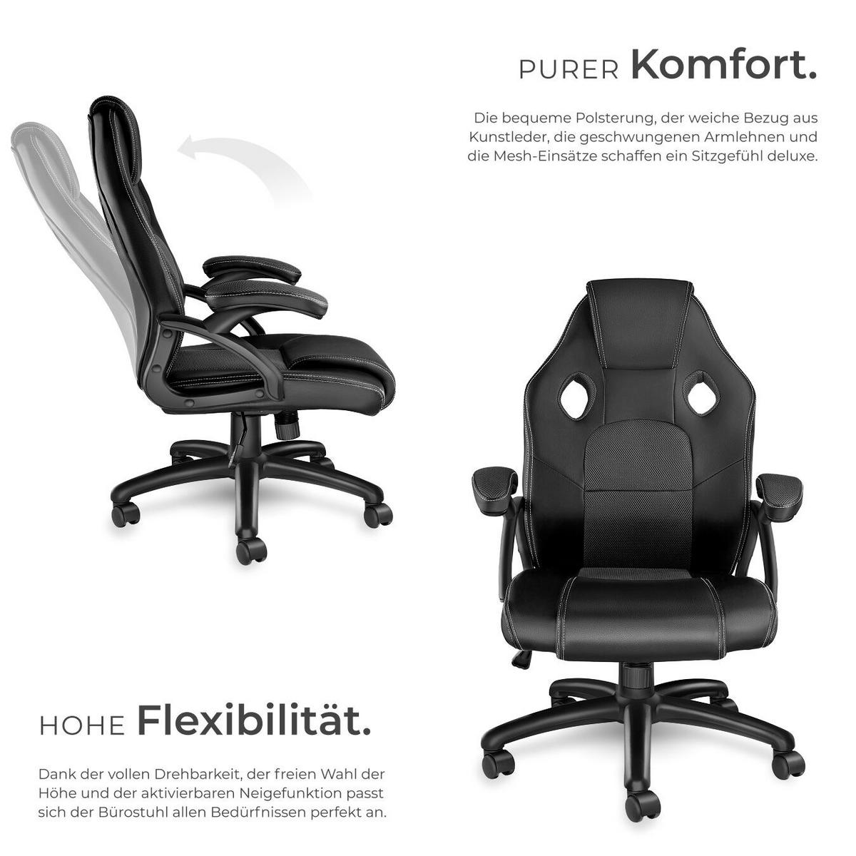 BÜROSTUHL Mike,stufenlos höhenverstellbar,schwarz - Schwarz, Leder (68/114.5/69cm) - tectake