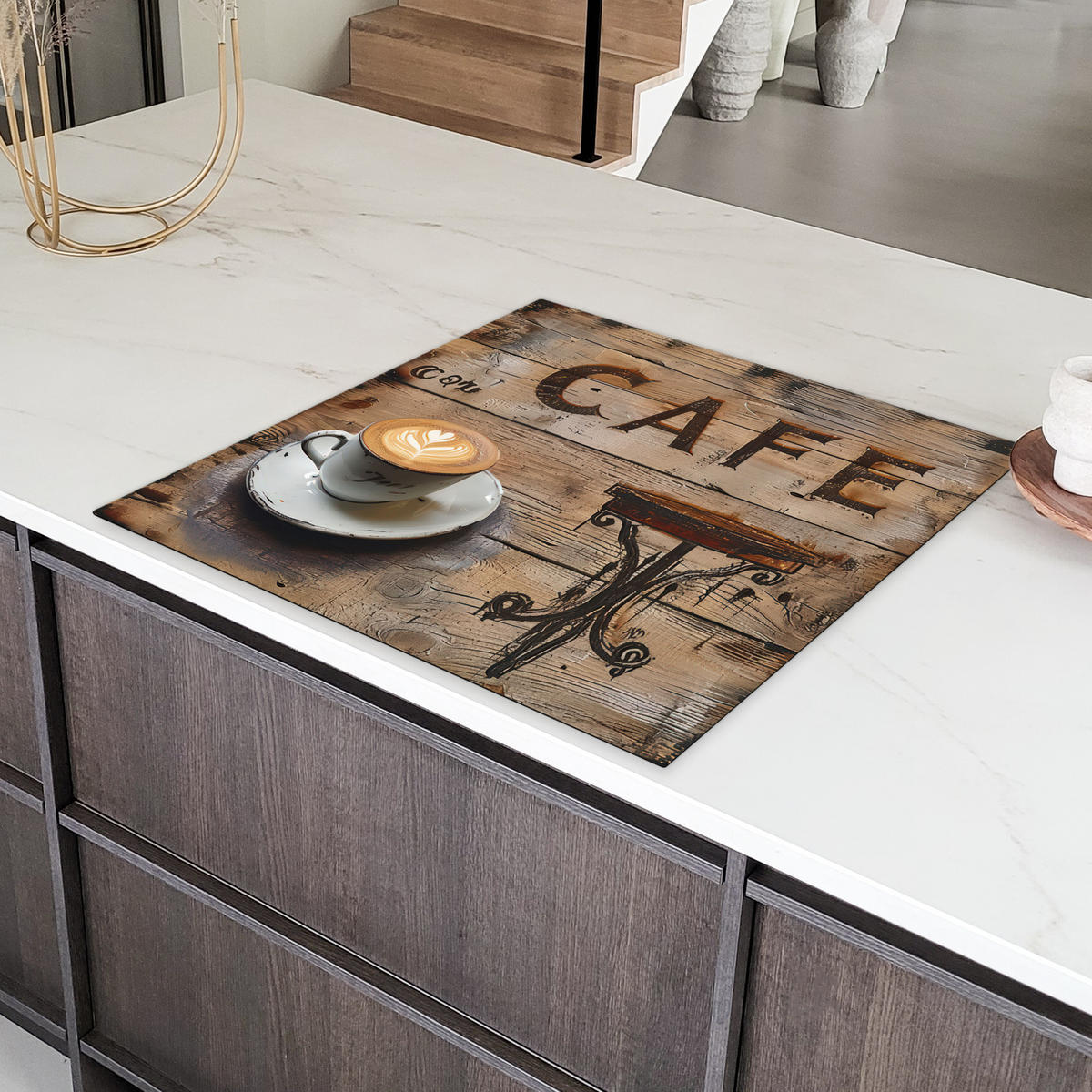 HERDABDECKPLATTE Cafe - Holz - Kaffee - Regale Induktionsmatte 78x78 cm - Schwarz, Kunststoff (78/78/0.2cm) - MuchoWow