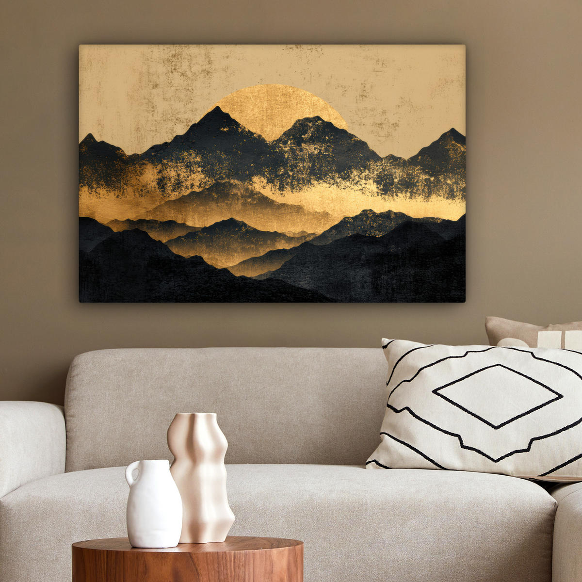 LEINWANDBILD Goldene Berge bei Mondschein Wanddeko 90x60 cm - Goldfarben, Textil (90/60cm) - MuchoWow