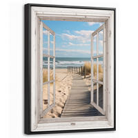 LEINWAND Bilder mit Rahmen - Fenster - Meer - Küste - Natur - Ausblick - Strand - Wattenmeer - 30x40 - Beige, Textil (30/40cm) - MuchoWow