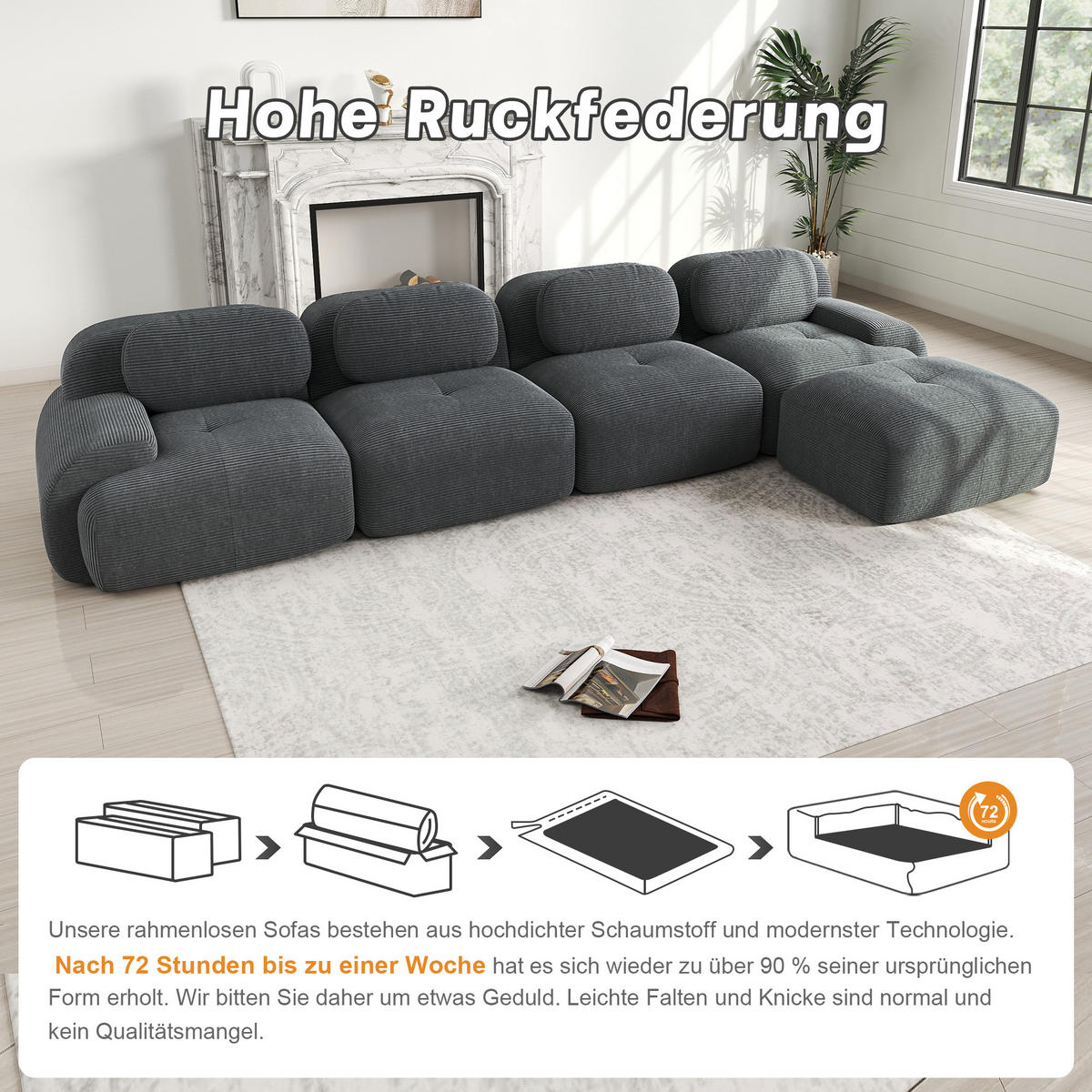 ECKSOFA 388/178/70 cm Grau Cord mit extra-breiten Armlehnen, Rahmenloses - Grau, Textil (388/178cm) - Oxeza