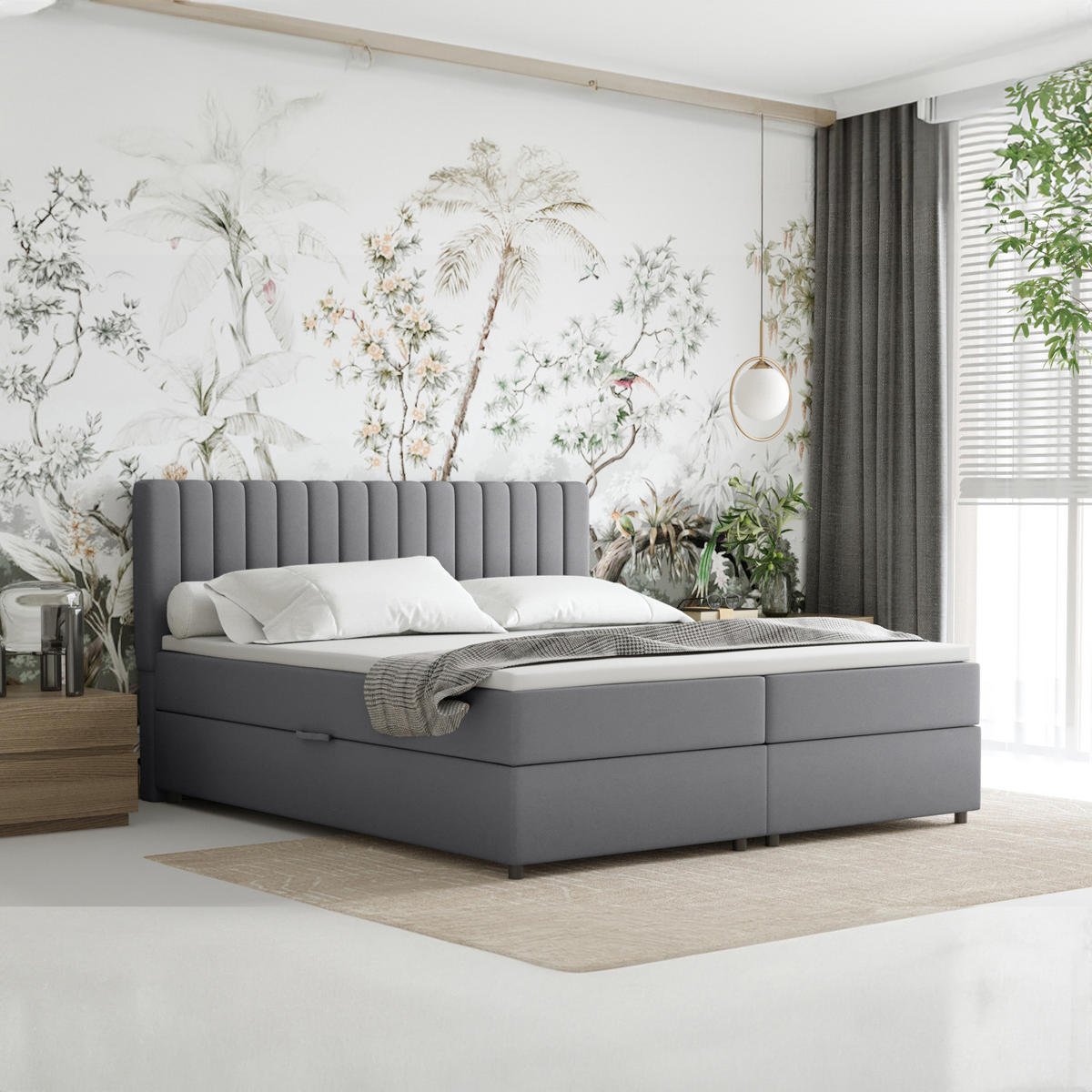 BOXBETT Everest grau 180 x 200 cm Doppelbett mit hochwertiger Bonell-Matratze und Topper - Grau, Holz (180/200cm) - Panda Möbel