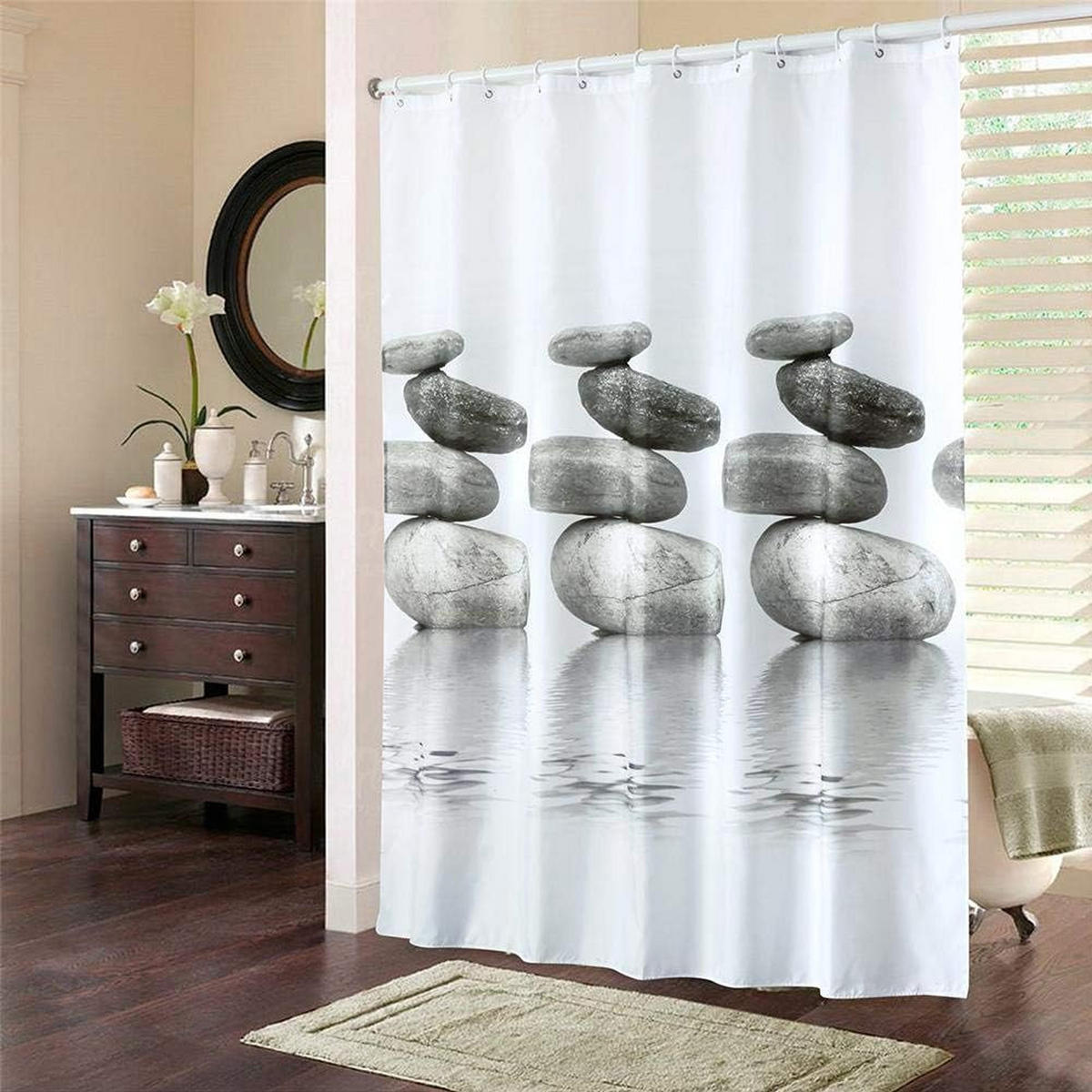 DUSCHVORHANG Grau 180 x 180 cm Steine Muster wasserdicht schimmelresistent mit Haken - Grau, Textil (180/180cm) - MCBOSON