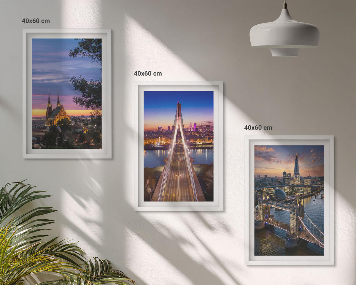 BILDER SET 3er Set - 40x60 cm Weißer Rahmen - Ausblicke auf Brücken und Sonnenuntergänge - Weiß, Kunststoff (40/60cm) - TULUP