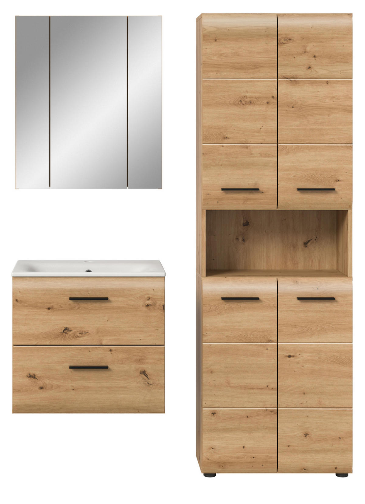 BADMÖBEL-SET 3-teilig in Artisan Eiche, Badkombination mit Waschtisch, 135 x 185 cm Cover - Schwarz/Eiche Artisan, Glas/Keramik (135/185/30cm) - Inn.Furn