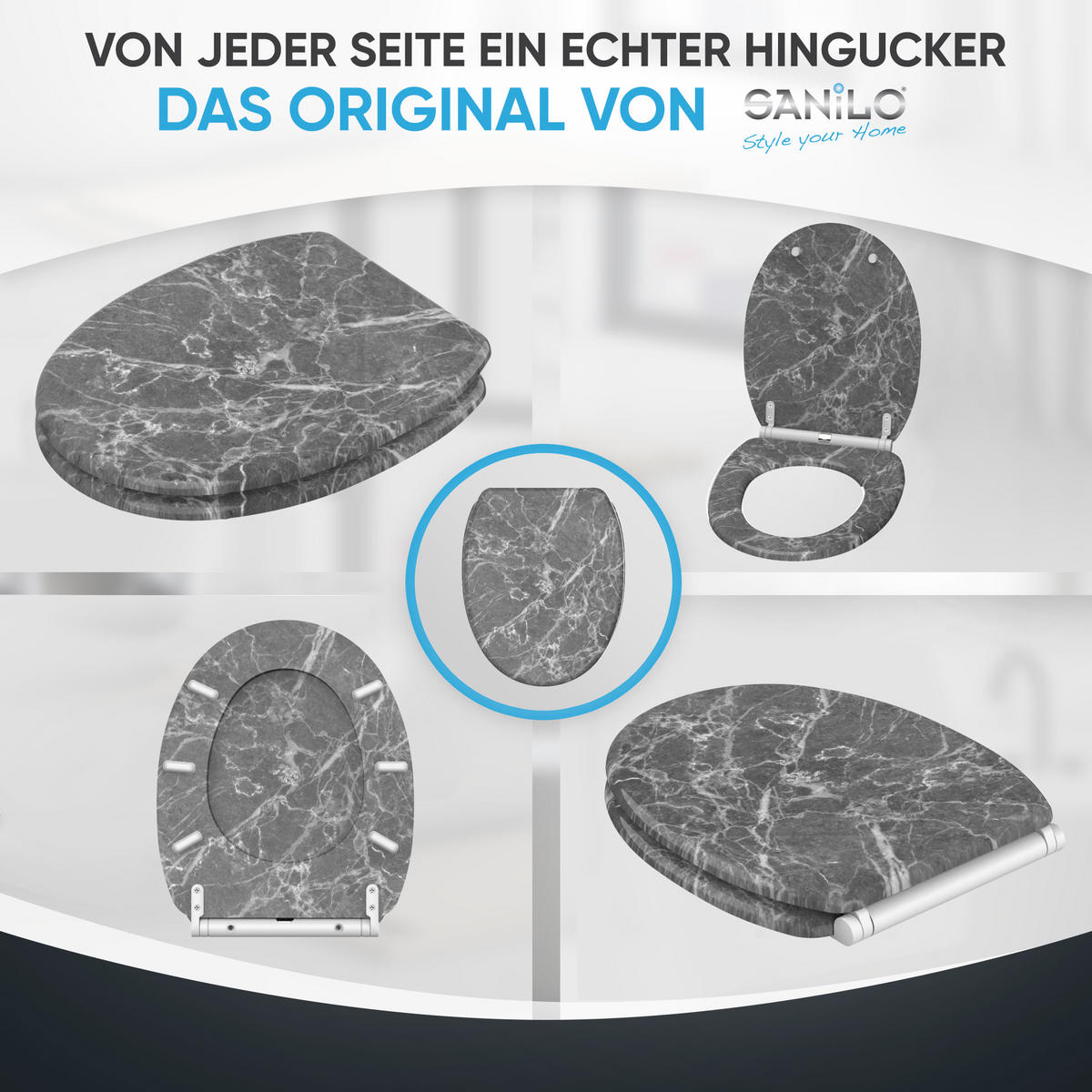 WC-SITZ mit Absenkautomatik & Top Fix Marmor Grau - Grau, Holzwerkstoff (37.7/5.5/48cm) - Sanilo