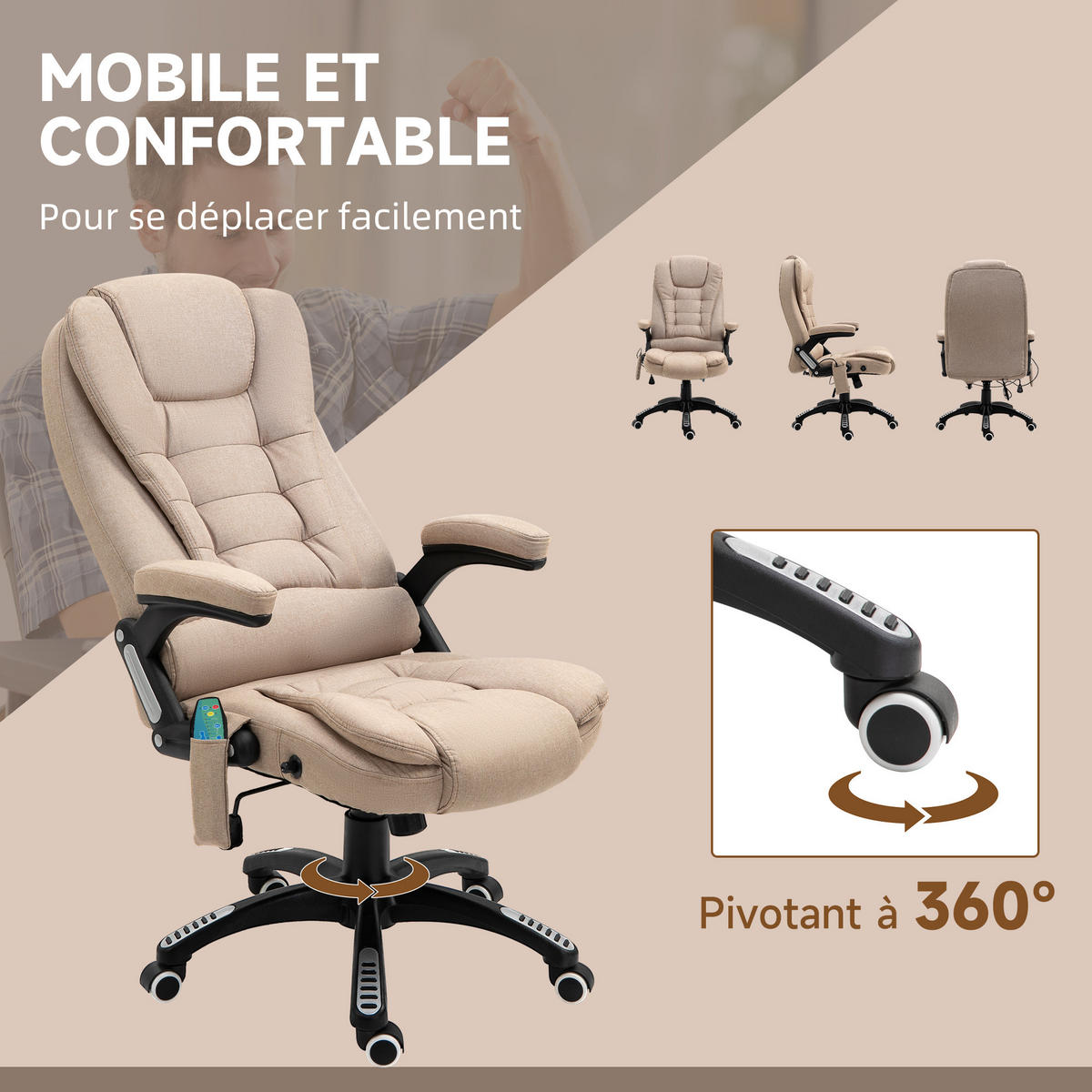 CHEFSESSEL DE-11661 mit Massage & Heizfunktion Beige - Beige, Textil (74/116/67cm) - ComfortXL