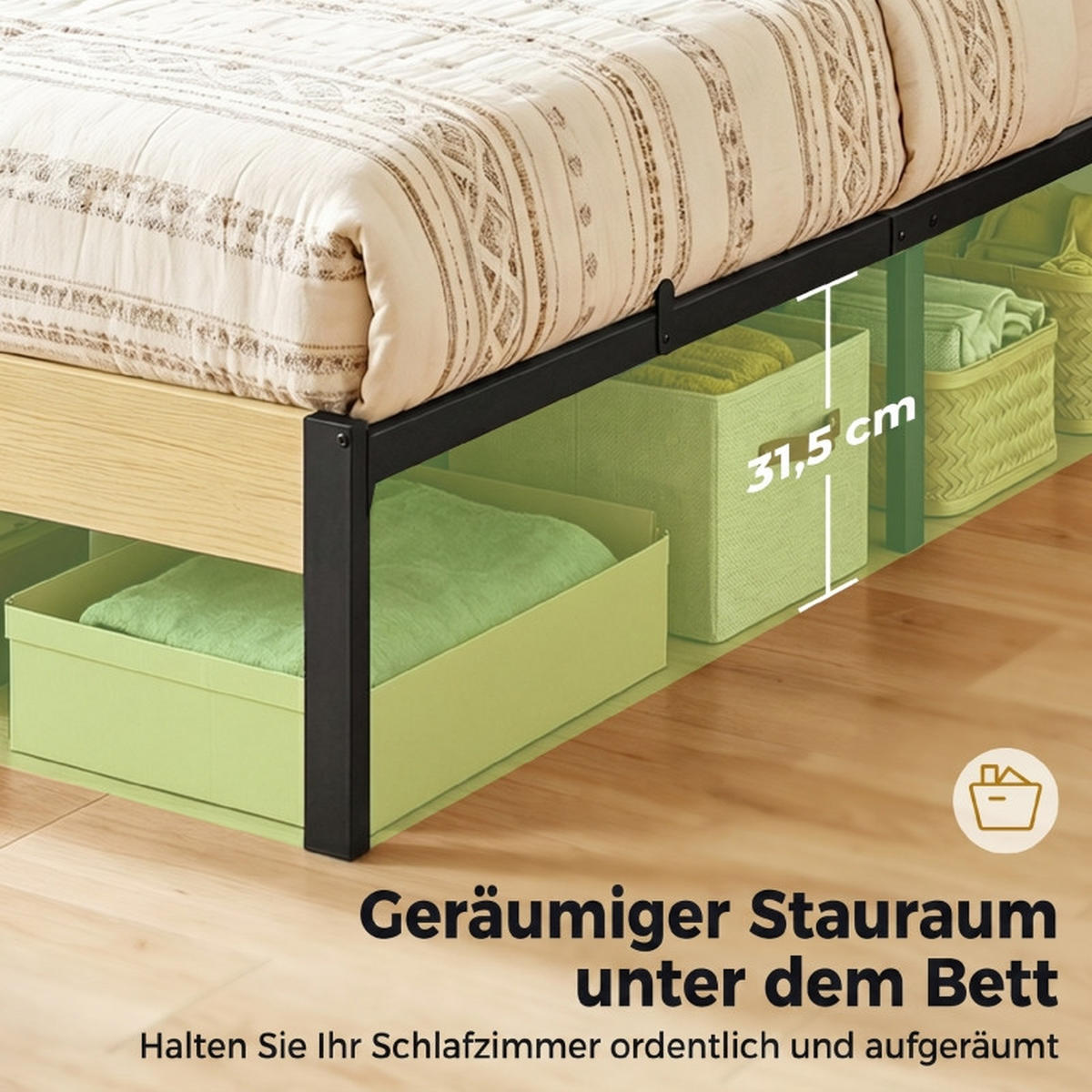 BETT 90/200 cm DE-32879 mit Kopfteil und Stauraum Schwarz - Naturfarben, Metall (90/200cm) - ComfortXL