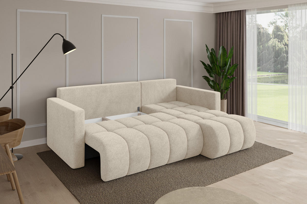 ROHOVÁ SEDAČKA s funkcí spaní, otoman vpravo GARD-L 226x146x85 krémová velur - černá/krémová, kompozitní dřevo/textil (226/146cm) - ALTDECOR