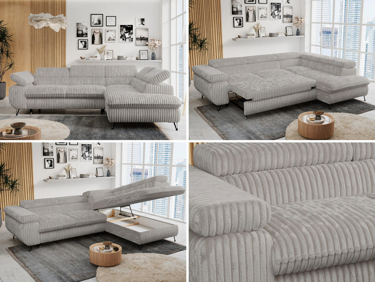 ECKSOFA PETER L Hellgrau Cord - Rechts Seite - Hellgrau/Schwarz, Textil/Metall (273/208cm) - MKS