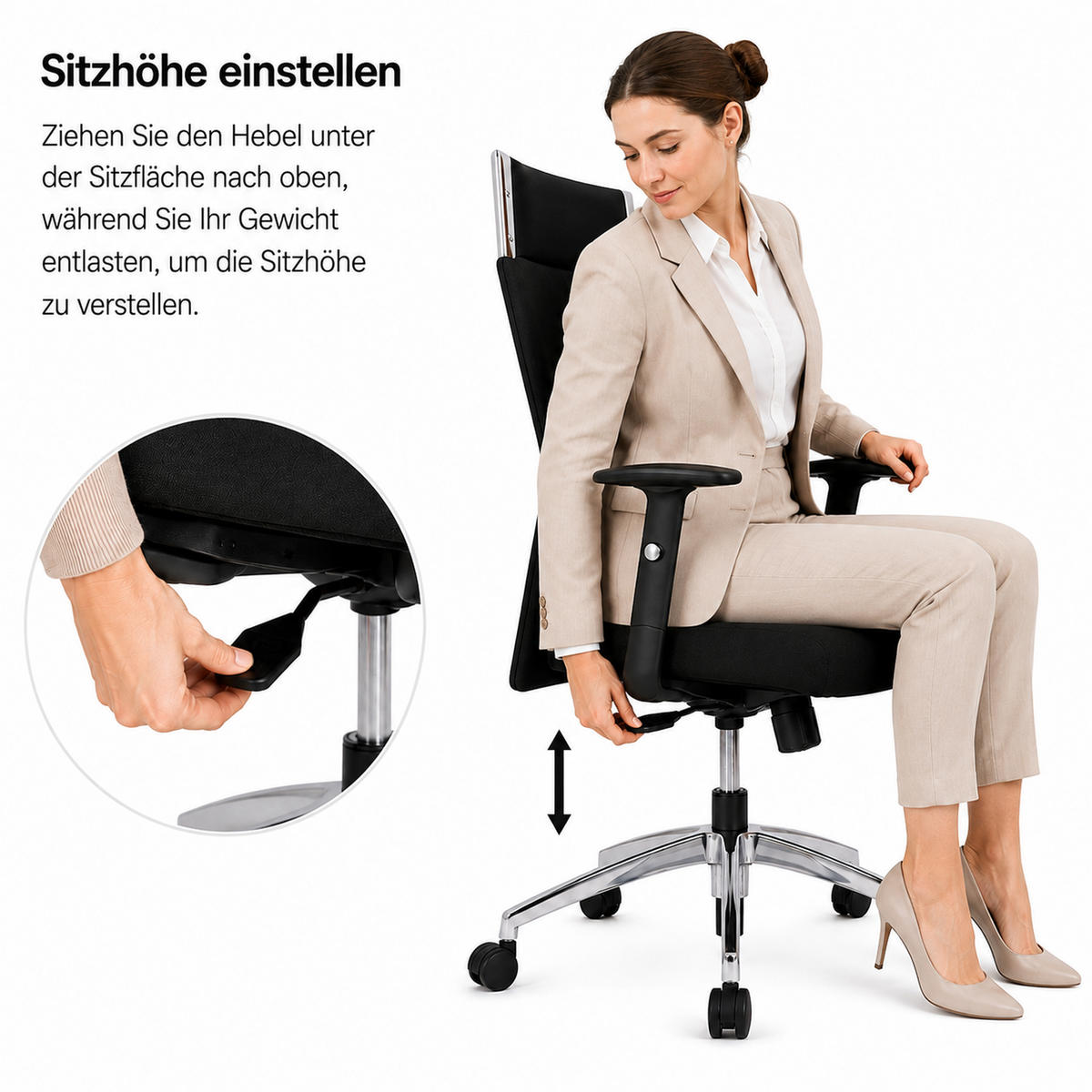 CHEFSESSEL Black-Line Stoff Schwarz - ergonomisch, 150 kg belastbar, Sitzhöhe 48-60cm - Schwarz, Kunststoff/Textil (68/121/60cm) - Versee