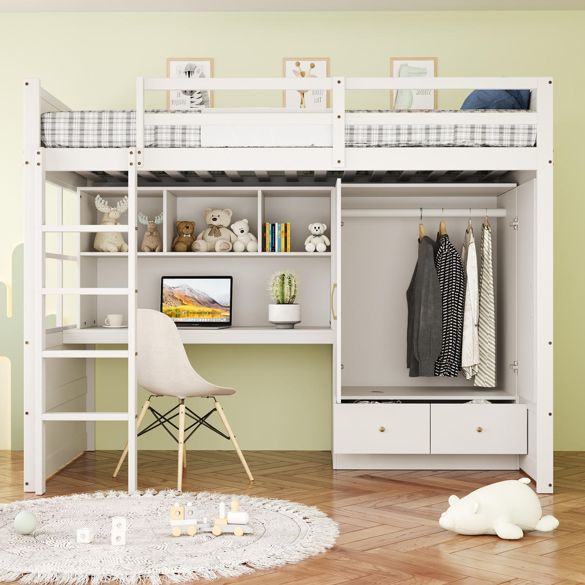 HOCHBETT 90/200 cm Weiß aus Holz mit Schreibtisch Stauraum und Kleiderschrank - Weiß, Holzwerkstoff (90/200cm) - OKWISH