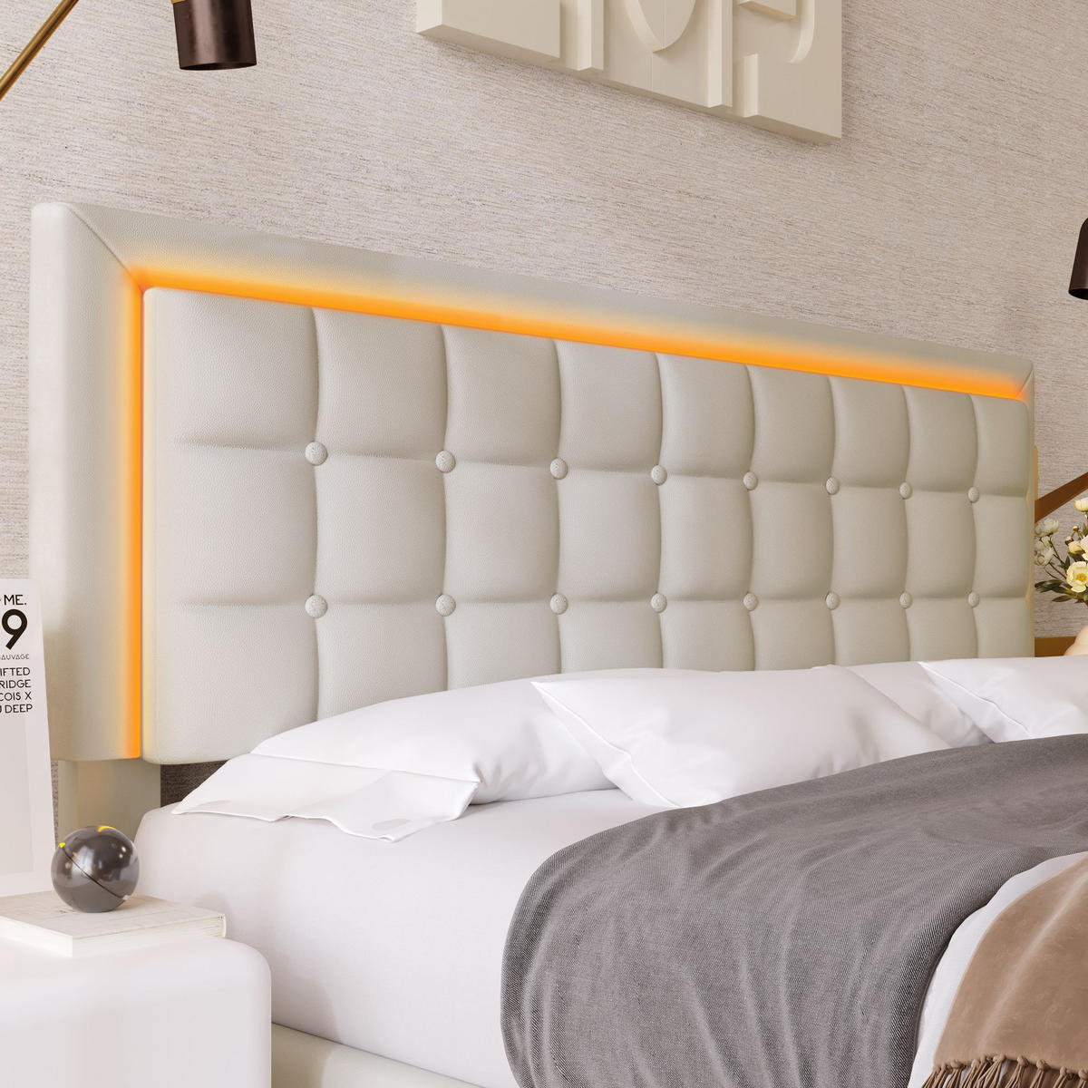 KLÄDD SÄNG 180/200 cm i vit PU med LED-belysningslist - Vit, Trä/Textil (180/200cm) - KOMHTOM