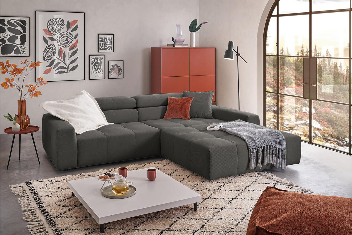 ECKSOFA RENO Anthrazit Cord - Anthrazit/Schwarz, Kunststoff/Textil (258/217cm) - KAWOLA