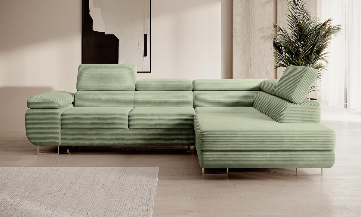 ECKSOFA Stevil Salbeigrün Cordbezug - Salbeigrün/Silberfarben, Textil/Metall (275/203cm) - Selsey