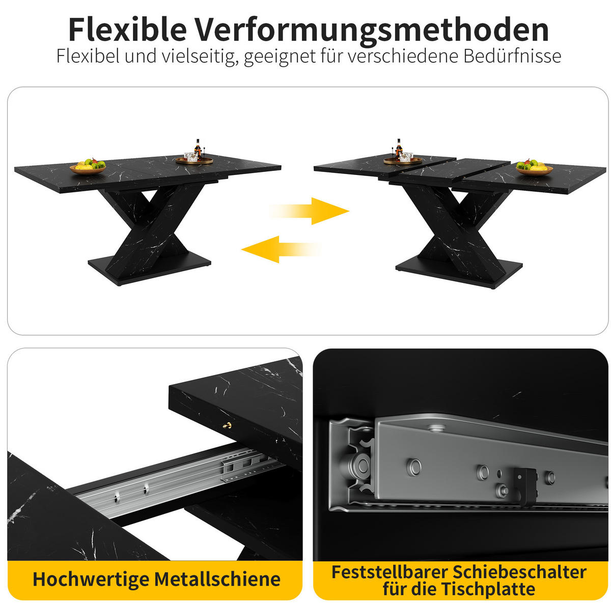 ESSTISCH 119,5-158,5/80/75 cm aus MDF ausziehbar mit X-Gestell und Marmoroptik, Schwarz - Schwarz, Holzwerkstoff (119/80/75cm) - Redom