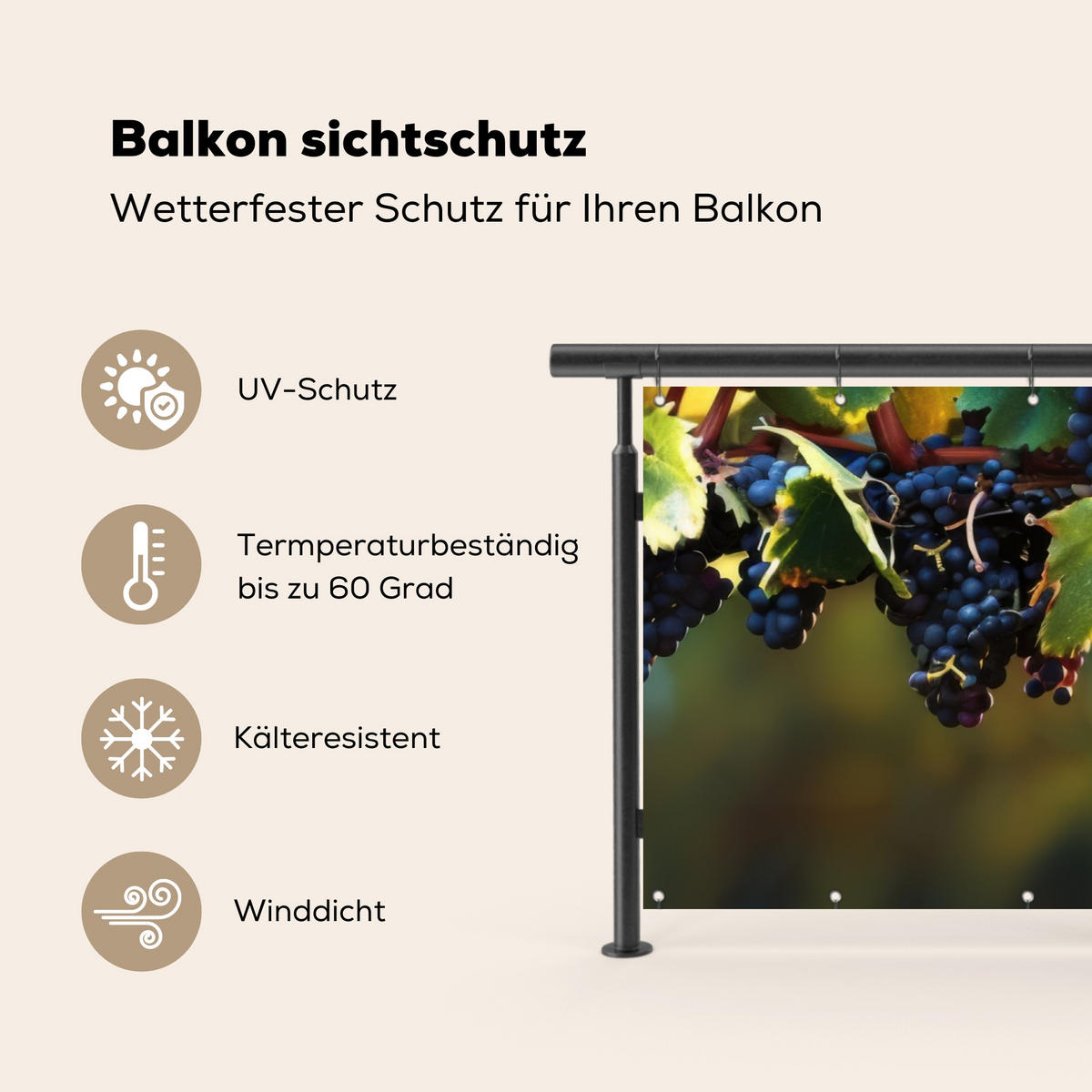 BALKON-SICHTSCHUTZ Trauben - Wein - Natur - Grün - Weinrot, Kunststoff (200/90cm) - MuchoWow