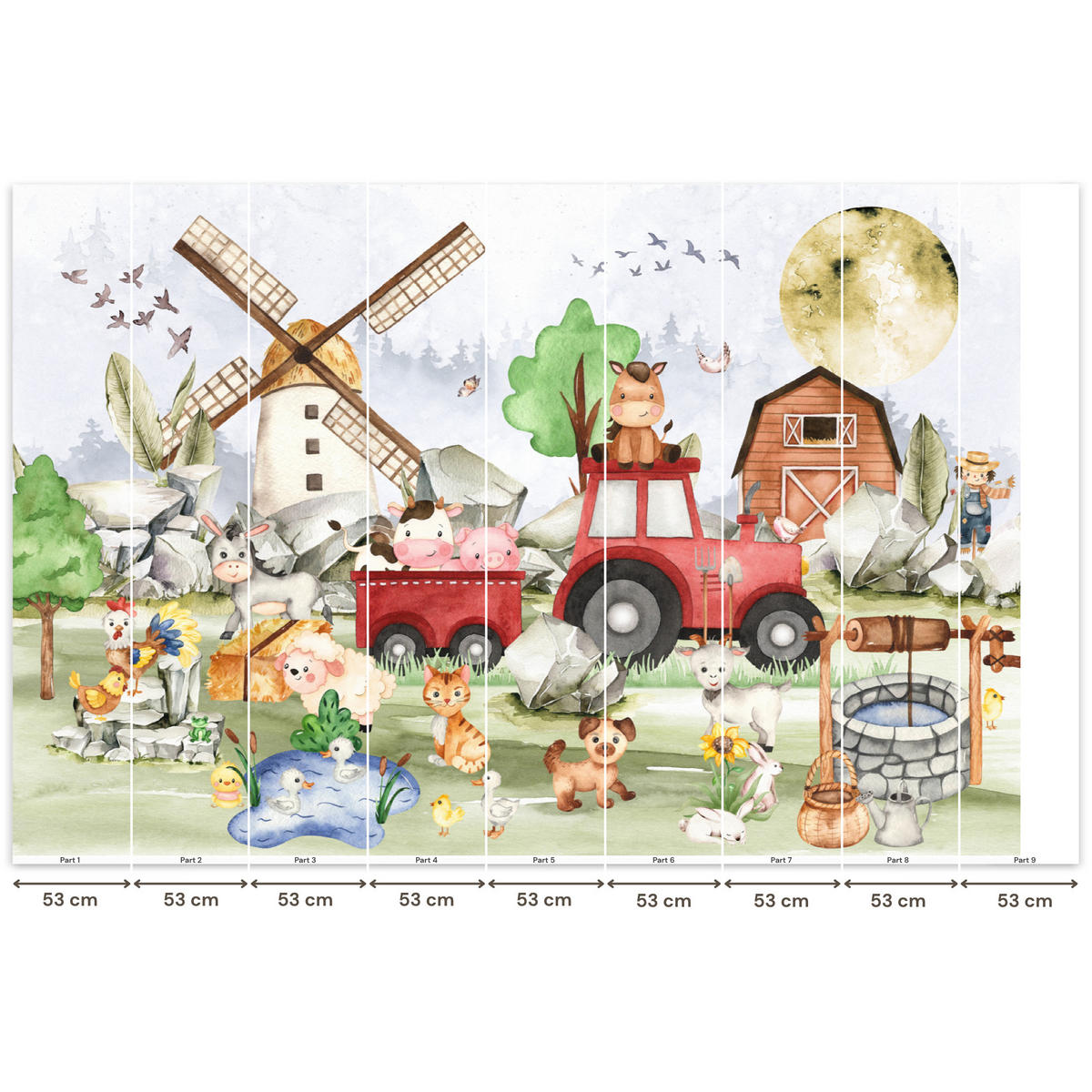 KINDERTAPETE - Bauernhof - Traktor - Kinder - Tiere - 450x300 cm - Weiß, Papier (450/300cm) - OnlyWow
