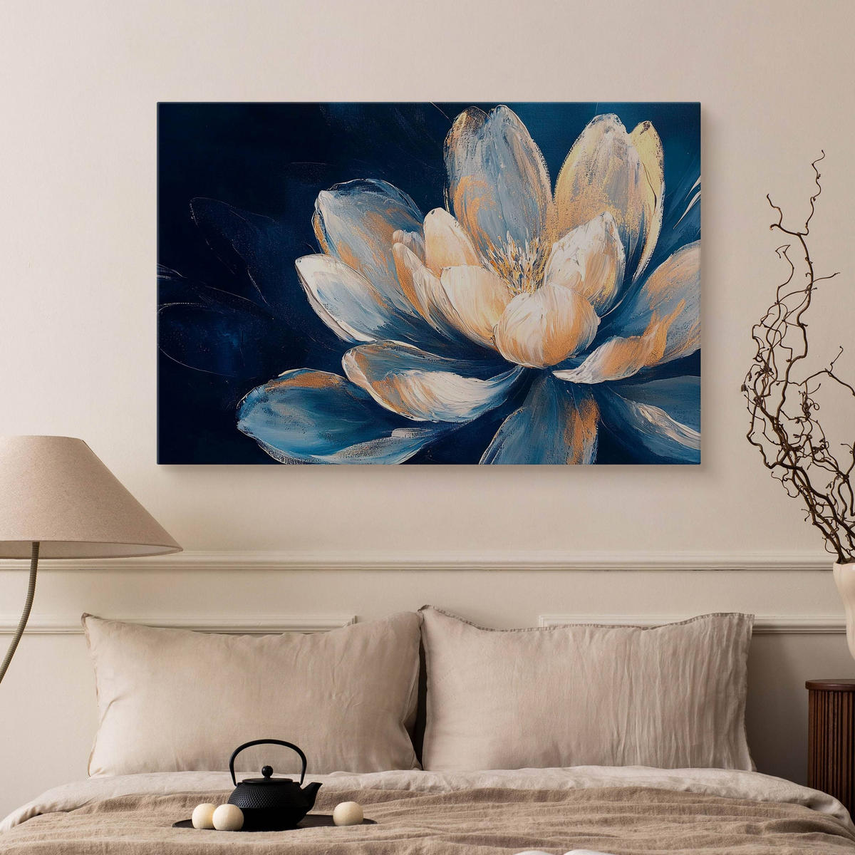 LEINWANDBILD für Schlafzimmer Blume Natur Malarei 100cm x 70cm - Blau/Beige, Textil (100/70cm) - Muralo