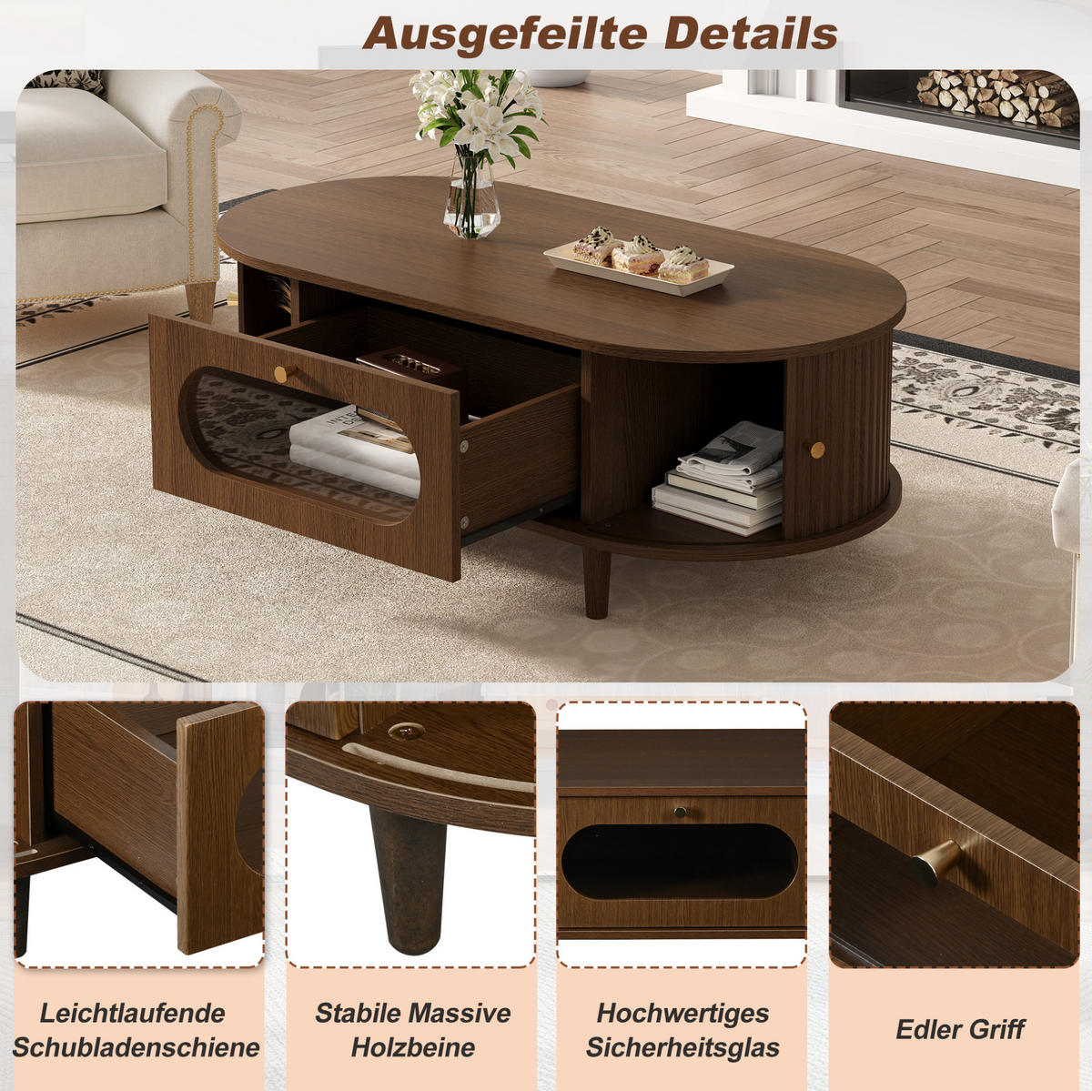 COUCHTISCH aus MDF 100x50x36 cm Walnussholz mit Schublade und Rolltüren - Walnussfarben, Holzwerkstoff (100/50/36cm) - IVMEU