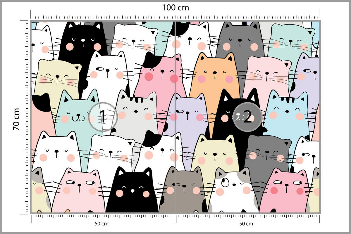 FOTOTAPETE für Kinderzimmer Bunte Katzen Cartoon Abstraktion 100x70 - Blau/Gelb, Papier (100/70cm) - Muralo
