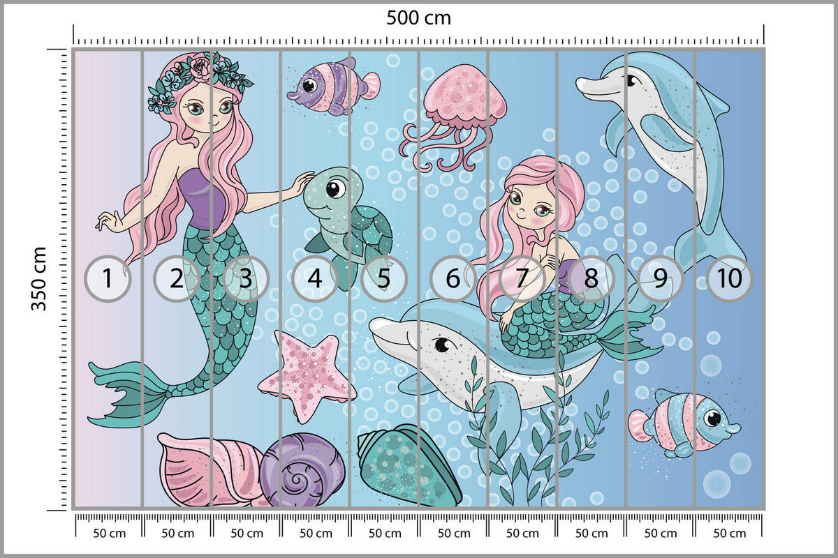 FOTOTAPETE für Kinderzimmer Meerjungfrauen Delfine Fische Muscheln Qualle Schildkröte 500x350 - Multicolor, Papier (500/350cm) - Muralo