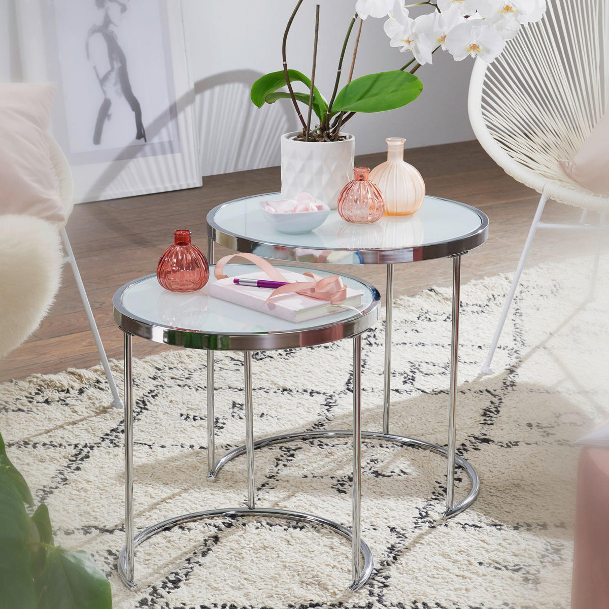 COUCHTISCH Set – Rund Glas 2-teilig mit Stauraum platzsparend - Silberfarben, Glas/Metall (50/50/50cm) - KADIMA DESIGN