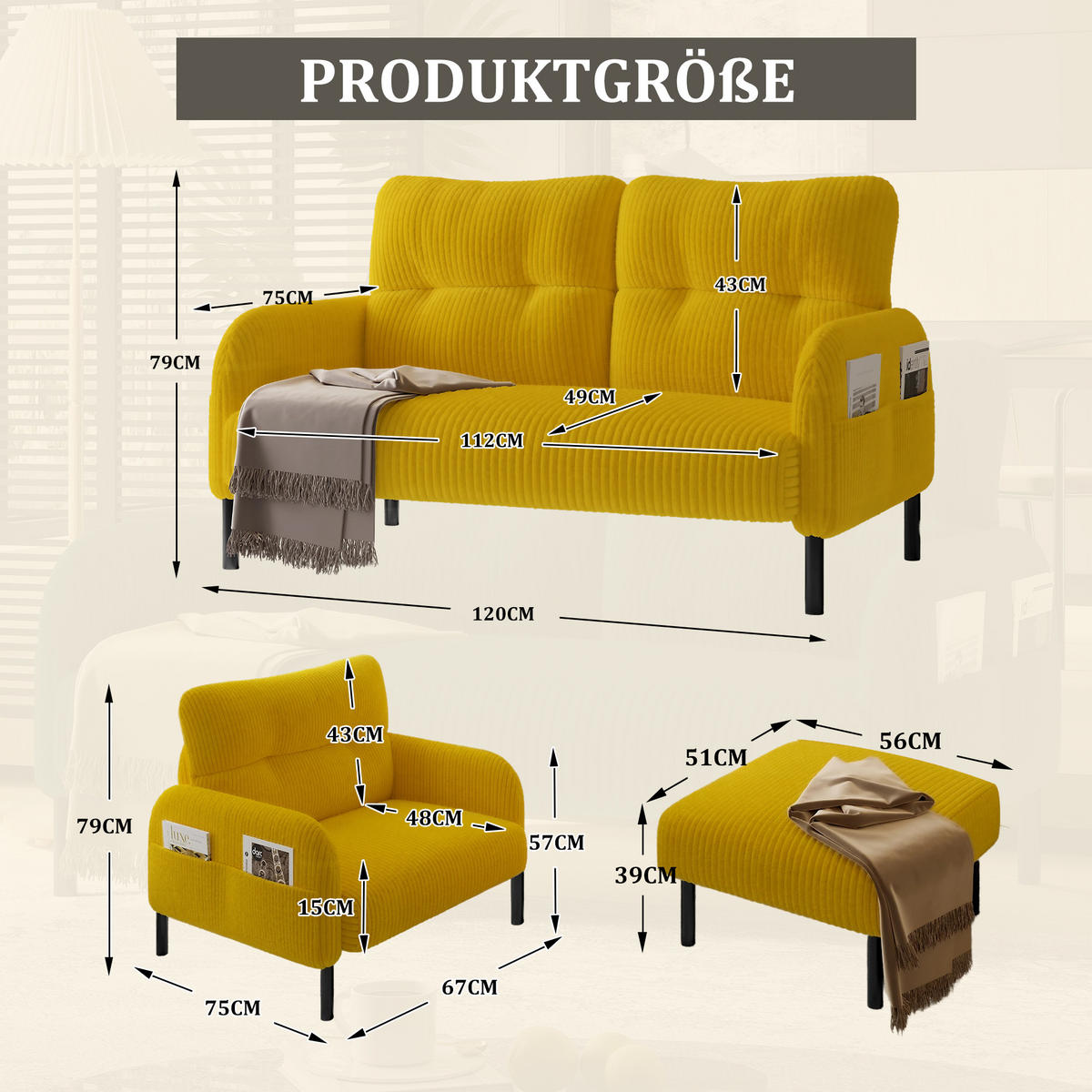 SOFA Set, 2-Sitzer+Sessel+Hocker, Cord, Gelb - Gelb/Schwarz, Textil/Metall (120/79/75cm) - LVHOM