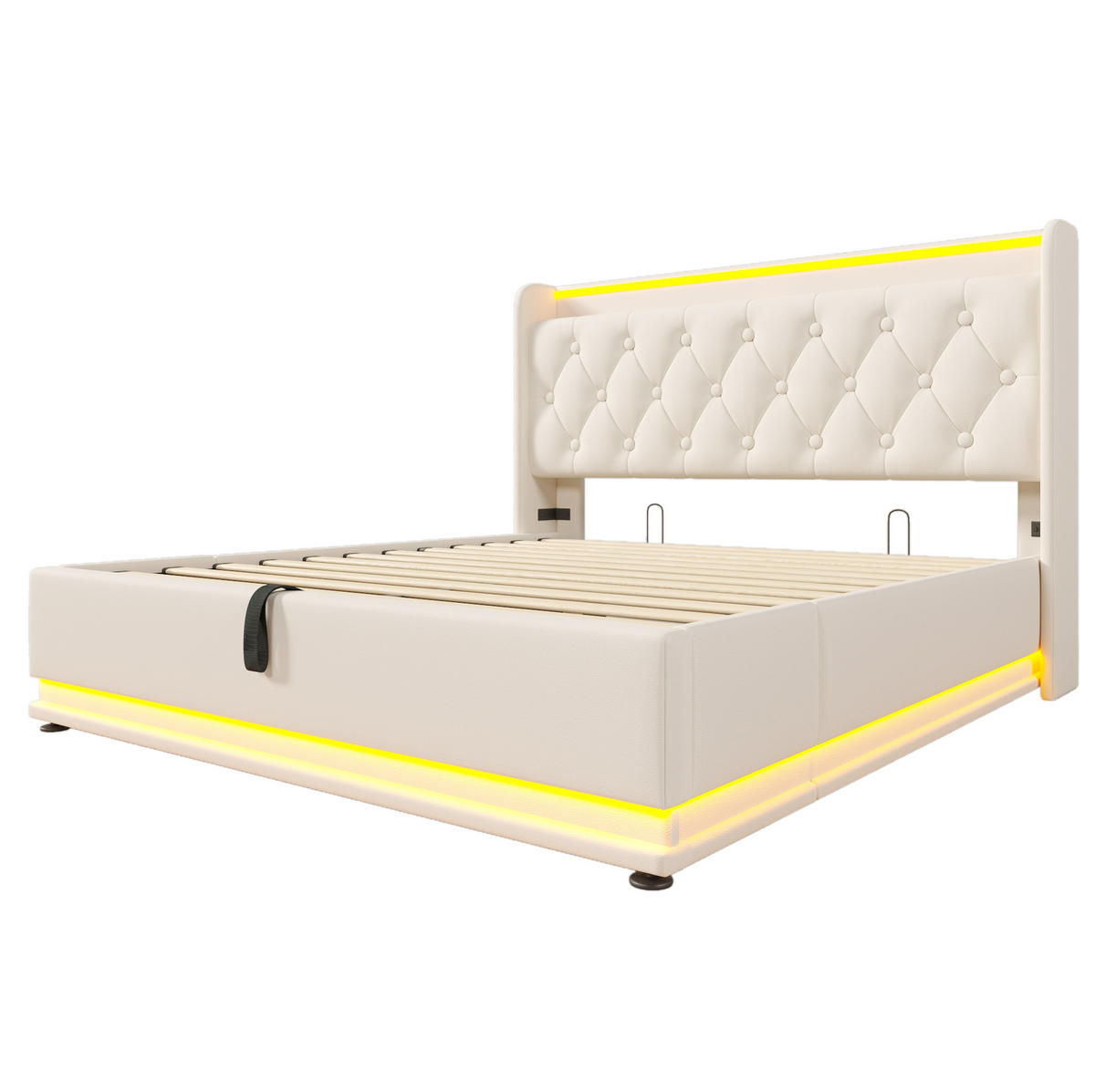POLSTERBETT 140/190 cm mit LED-Beleuchtung, USB- und Typ-C-Anschluss, hydraulischem Stauraum und PU-Bezug, Weiß - Weiß, Kunststoff (140/190cm) - Redom