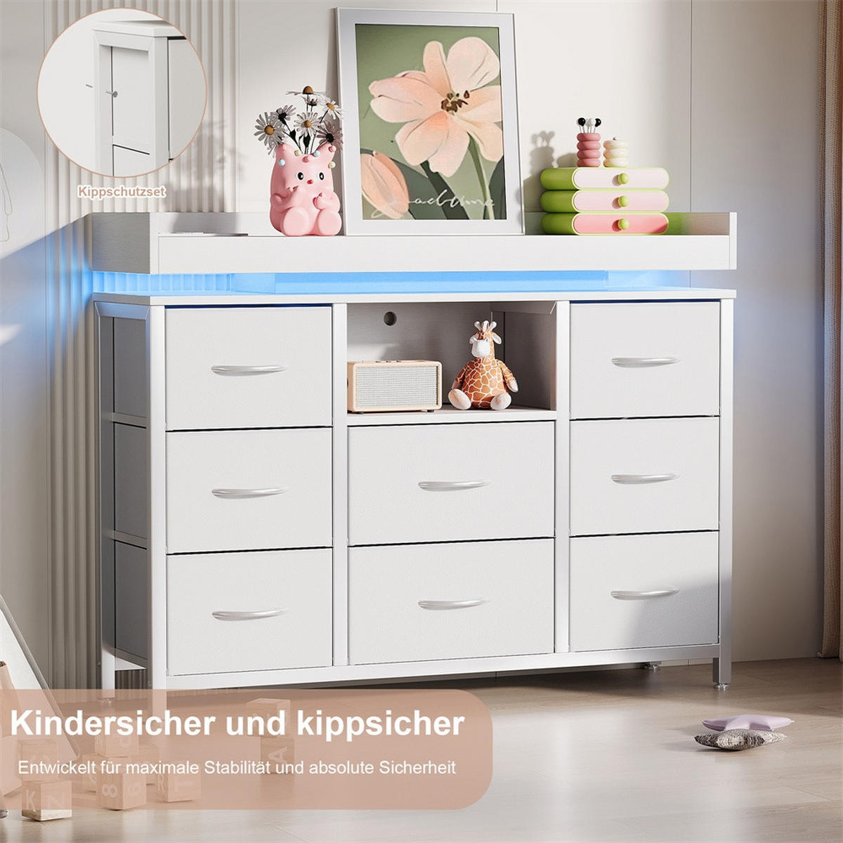 KOMMODE mit 8 Schubladen - integrierte Ladestation und RGB-LED-Beleuchtung - Weiß - Weiß, Holzwerkstoff (108/82/30cm) - DELFA