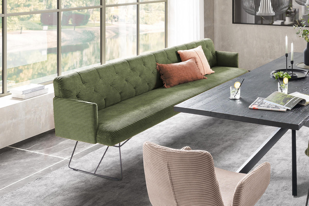 ESSZIMMERBANK CHARME Grün Cord - Olivgrün/Grün, Textil (246/85/69cm) - KAWOLA
