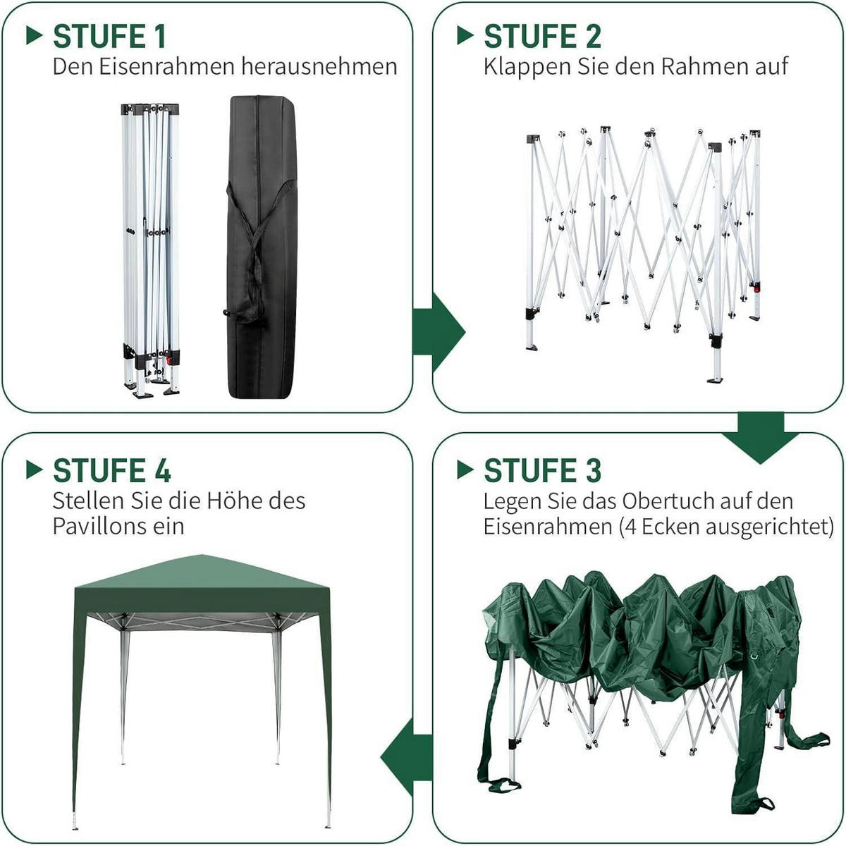 FALTPAVILLON 2 x 2 m Grün UV-Schutz 50+ Wasserdicht Höhenverstellbar mit 4 Seitenteilen - Grün, Textil (200/255/200cm)