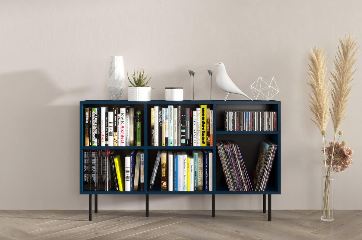 SIDEBOARD Mirka, Marinblau, offene Fächer, Minimalistisch - Schwarz/Dunkelblau, Holzwerkstoff/Metall (130/80/30cm) - Dancan