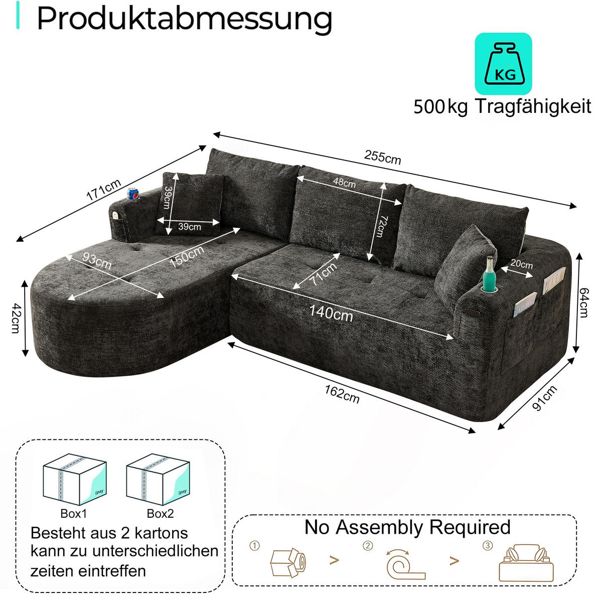 ECKSOFA DE-35043 L-Form mit Becherhalter Schwarz - Schwarz, Textil (170/255cm) - ComfortXL