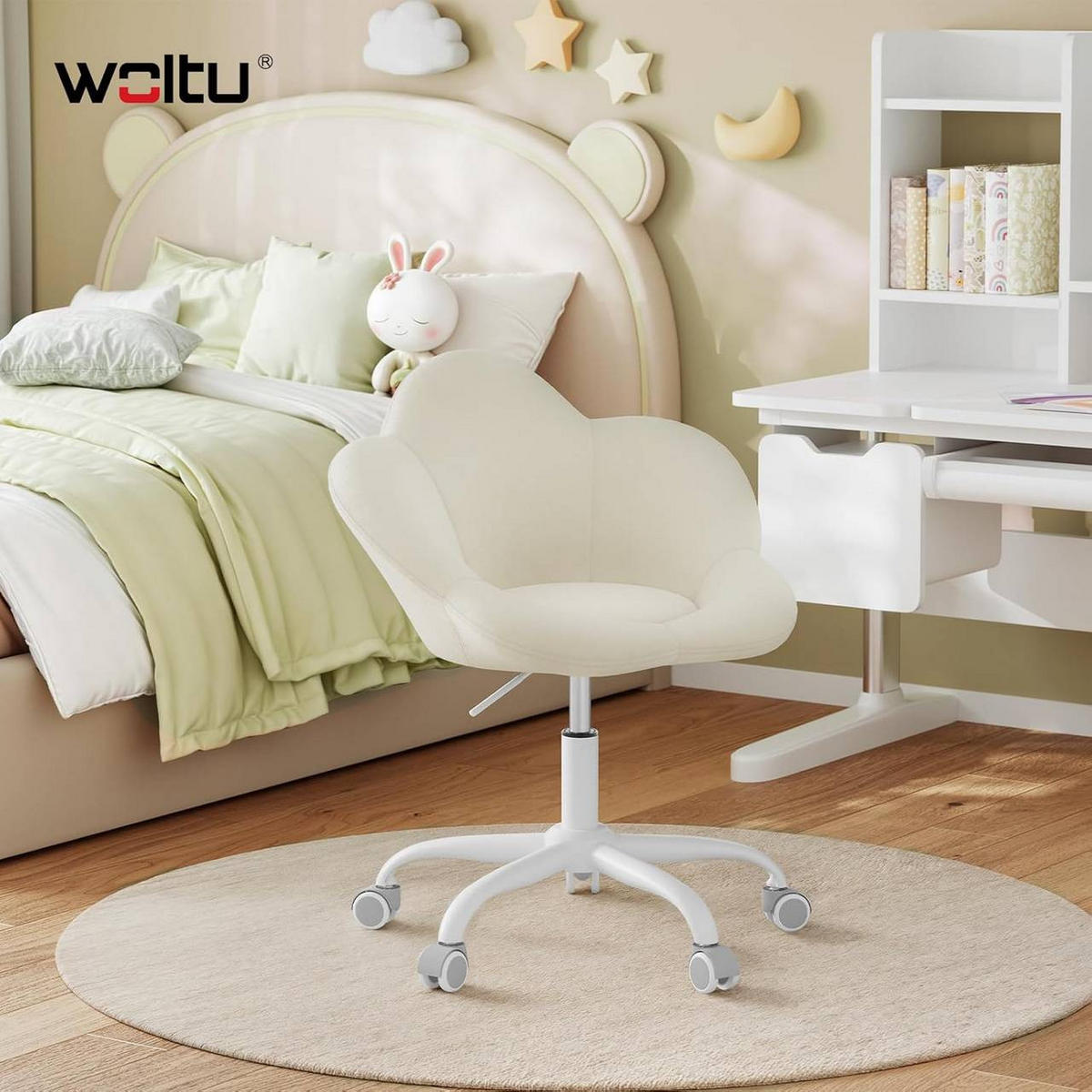 DREHSTUHL Kinder, blumenförmig, Samt, Beige - Beige/Weiß, Kunststoff/Textil (62/71/51cm) - Woltu