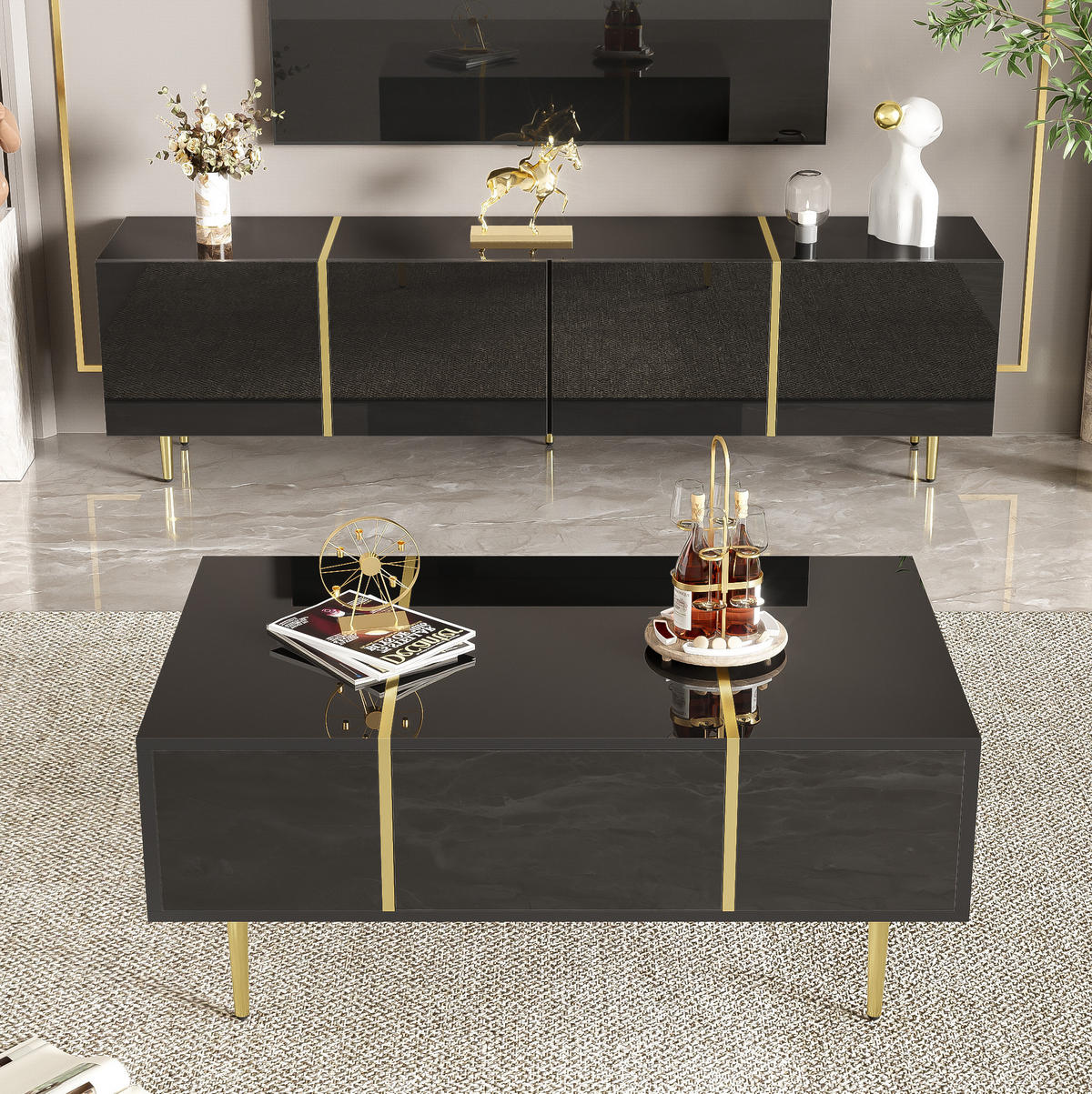 TV-ELEMENT 170/35/46 cm mit 4 Türen & Soft-Close im Set mit Couchtisch - Schwarz, Holzwerkstoff (170/46/35cm) - BEAOK