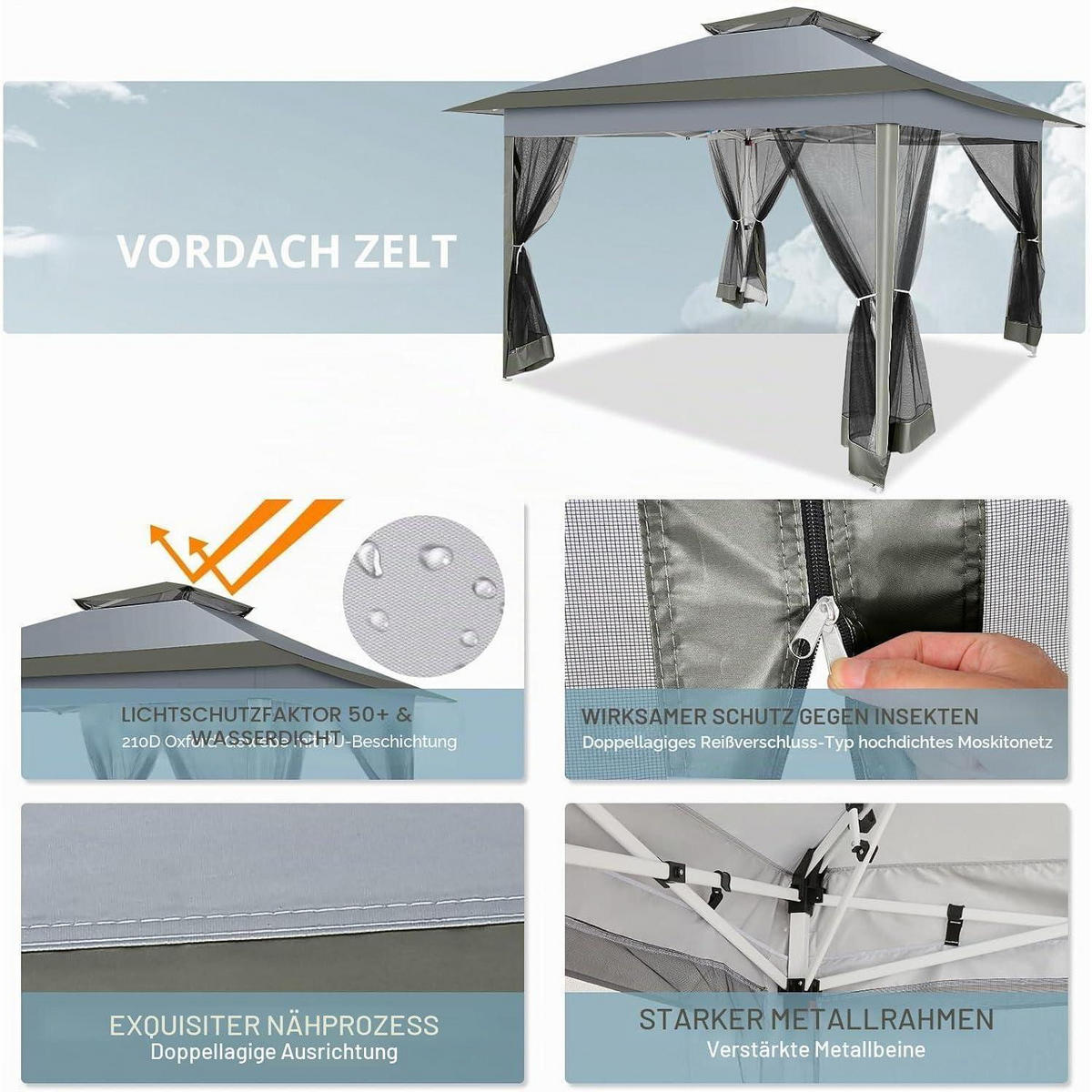 PAVILLON 3,65 x 3,65 m Dunkelgrau mit Moskitonetz - Grau, Textil (365/275/365cm)