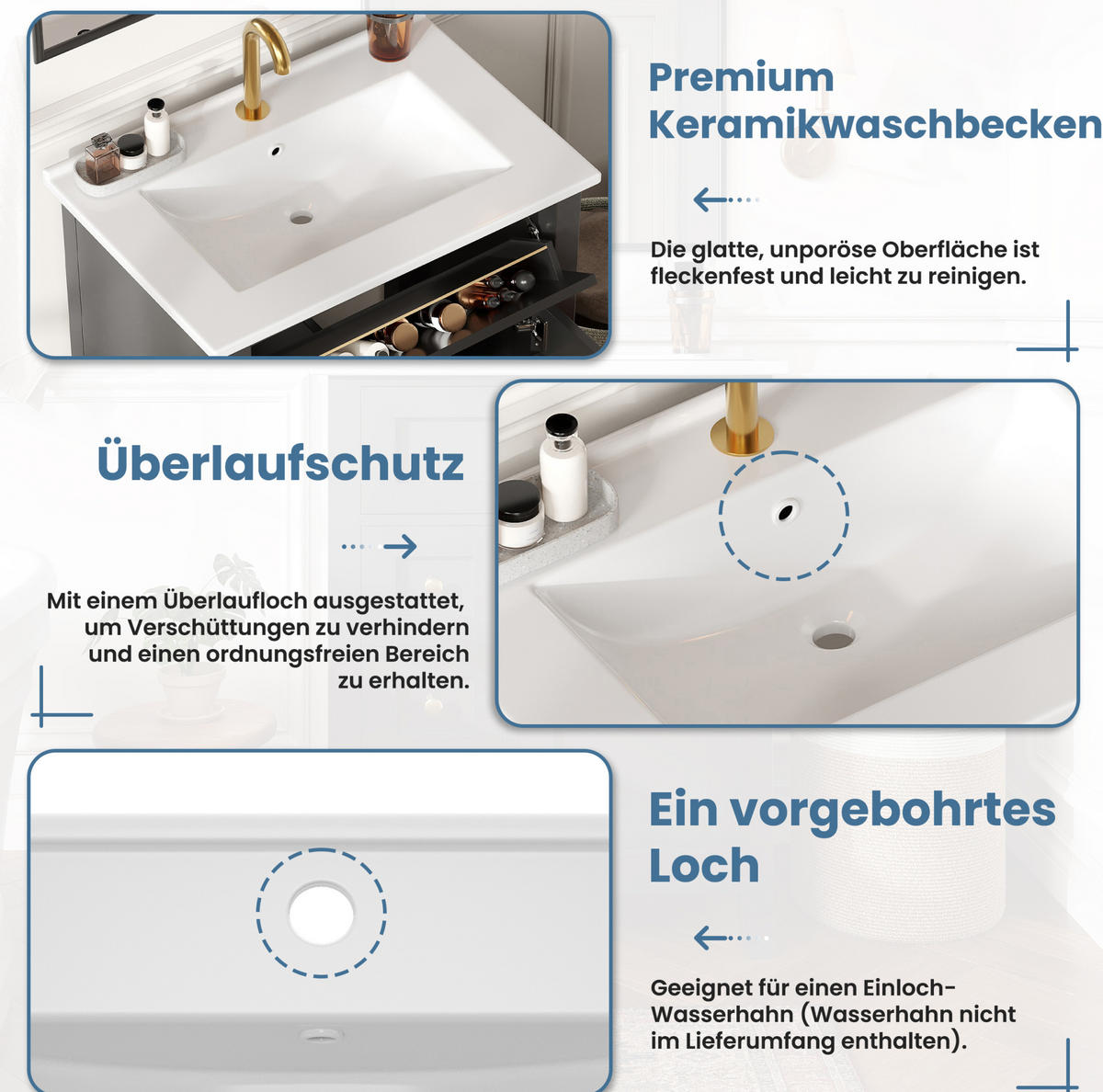 WASCHTISCHUNTERSCHRANK aus MDF und Keramik 61x47x86 cm Schwarz mit Stauraum, Soft-Close und Keramikwaschbecken - Schwarz, Keramik (61/86/47cm) - Modfu
