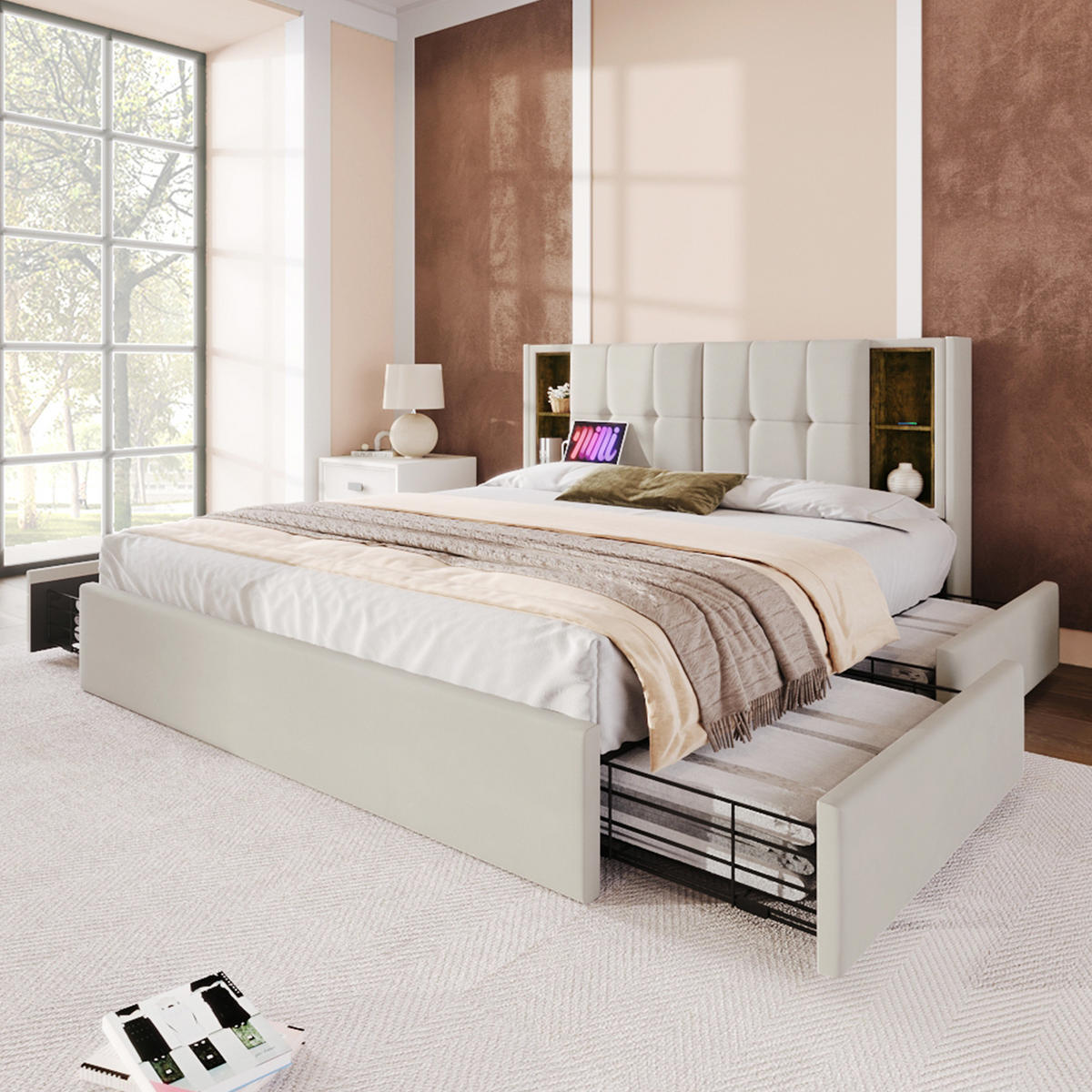 POLSTERBETT 160/200 cm mit Schubladen, kabellosem Laden & USB/Typ-C, Samt Beige - Beige, Textil (160/200cm) - Redom