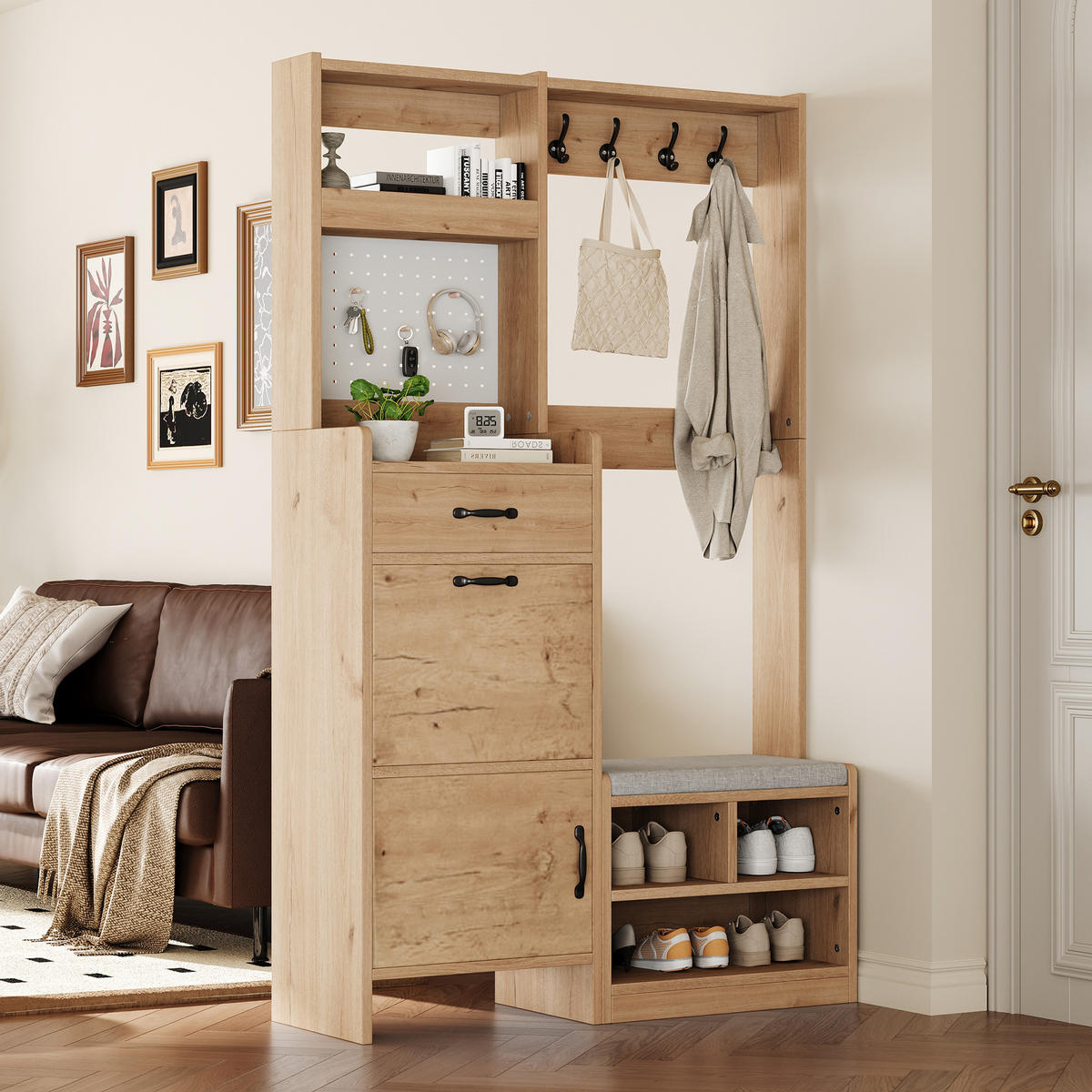 GARDEROBENSET Wand mit Schuhbank 4 Haken Natural 108.5x35x180cm - Multicolor, Holzwerkstoff (35/180/108.5cm) - FLIEKS