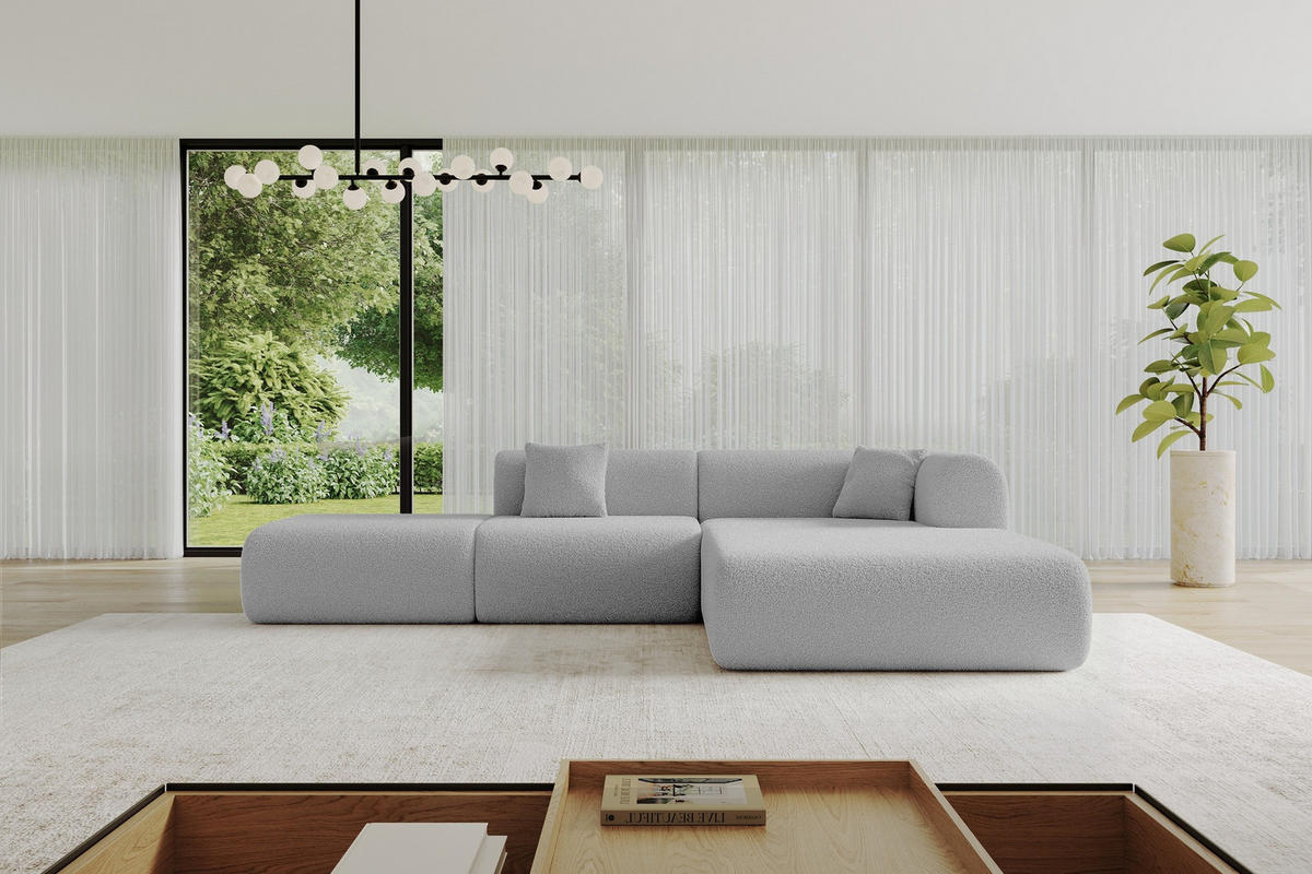 ECKSOFA Ottomane Rechts OVLY-L 289x176x71 Hellgrau Bouclé - Silberfarben/Hellgrau, Holzwerkstoff/Kunststoff (289/176cm) - ALTDECOR