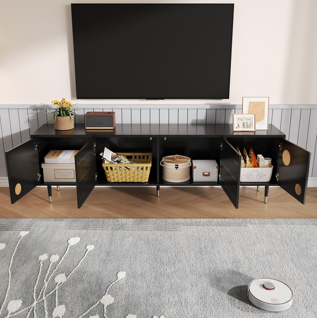 TV-SCHRANK aus MDF 170x36x54 cm Schwarz mit Kabelmanagement, 4 Türen und verstellbaren Füßen - Schwarz, Holzwerkstoff (170/54/36cm) - Modfu