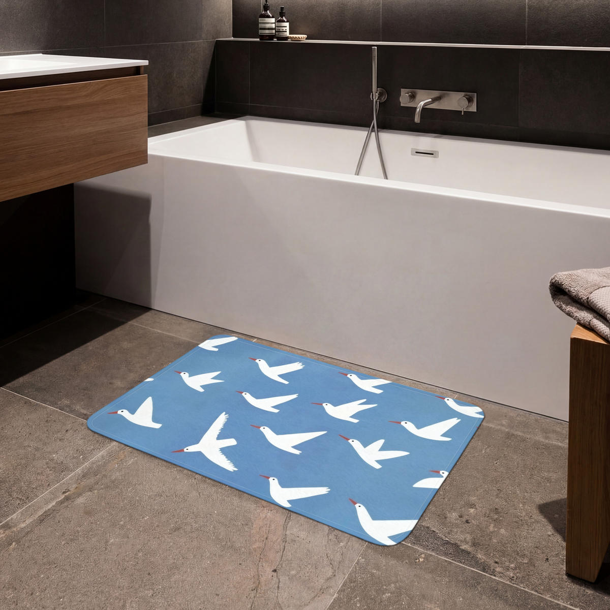 BADEMATTE Vögel - Weiß - Muster 80x50 cm - Blau, Kunststoff/Textil (80/50cm)