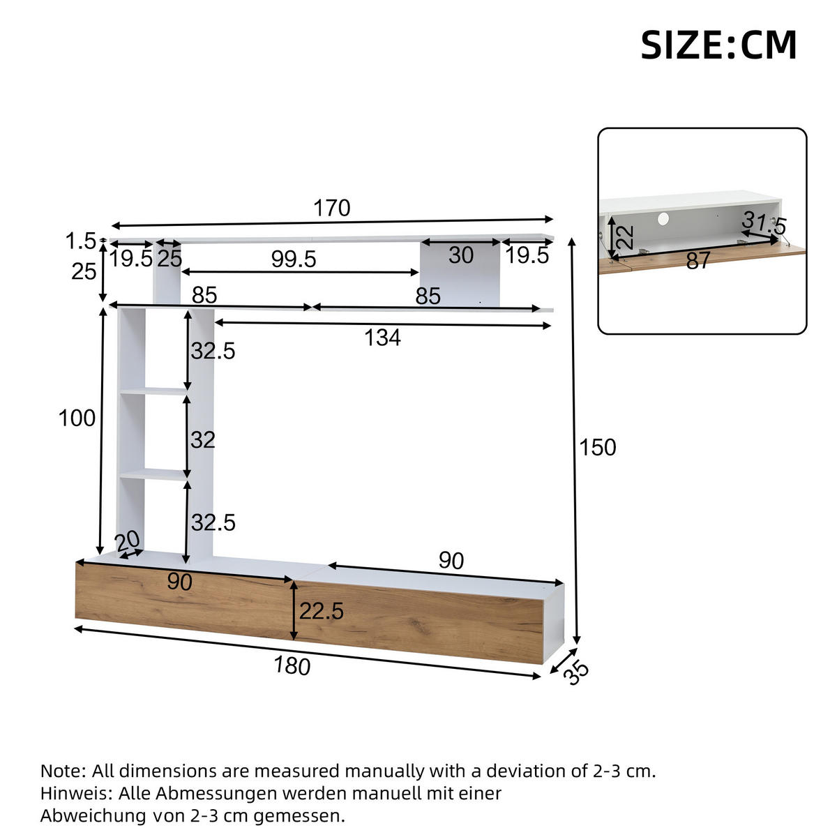 TV-WOHNWAND-SET 180/35/150 cm aus Spanplatte mit stehendem und hängendem Aufbau Weiß/Eichefarben - Weiß, Holzwerkstoff (180/150/35cm) - Modenvie
