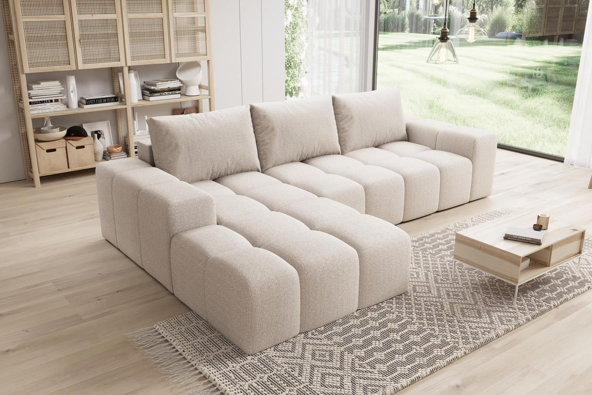 ECKSOFA Cento, L-Form, Ottomane links, Teddy-Bouclé-Stoff, 285x56x180 cm, Beige - Creme, Holz (180/285cm) - PROMETO Möbel