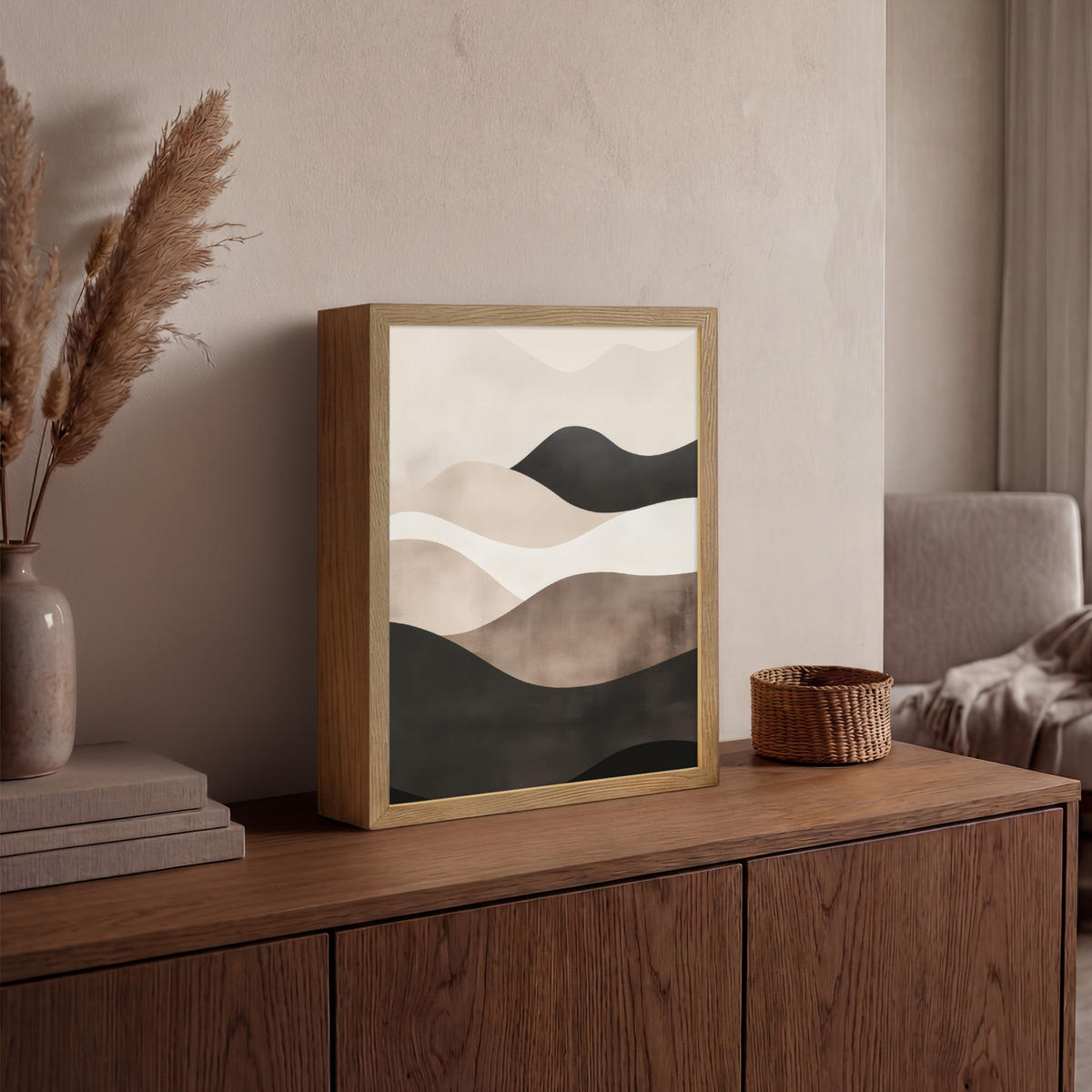 NÁSTĚNNÁ LAMPA S AKUMULÁTOREM Abstraktní - Krajina - Vlny - Krémová barva 30x40 cm - šedohnědá, kompozitní dřevo (30/40/8cm) - OnlyWow