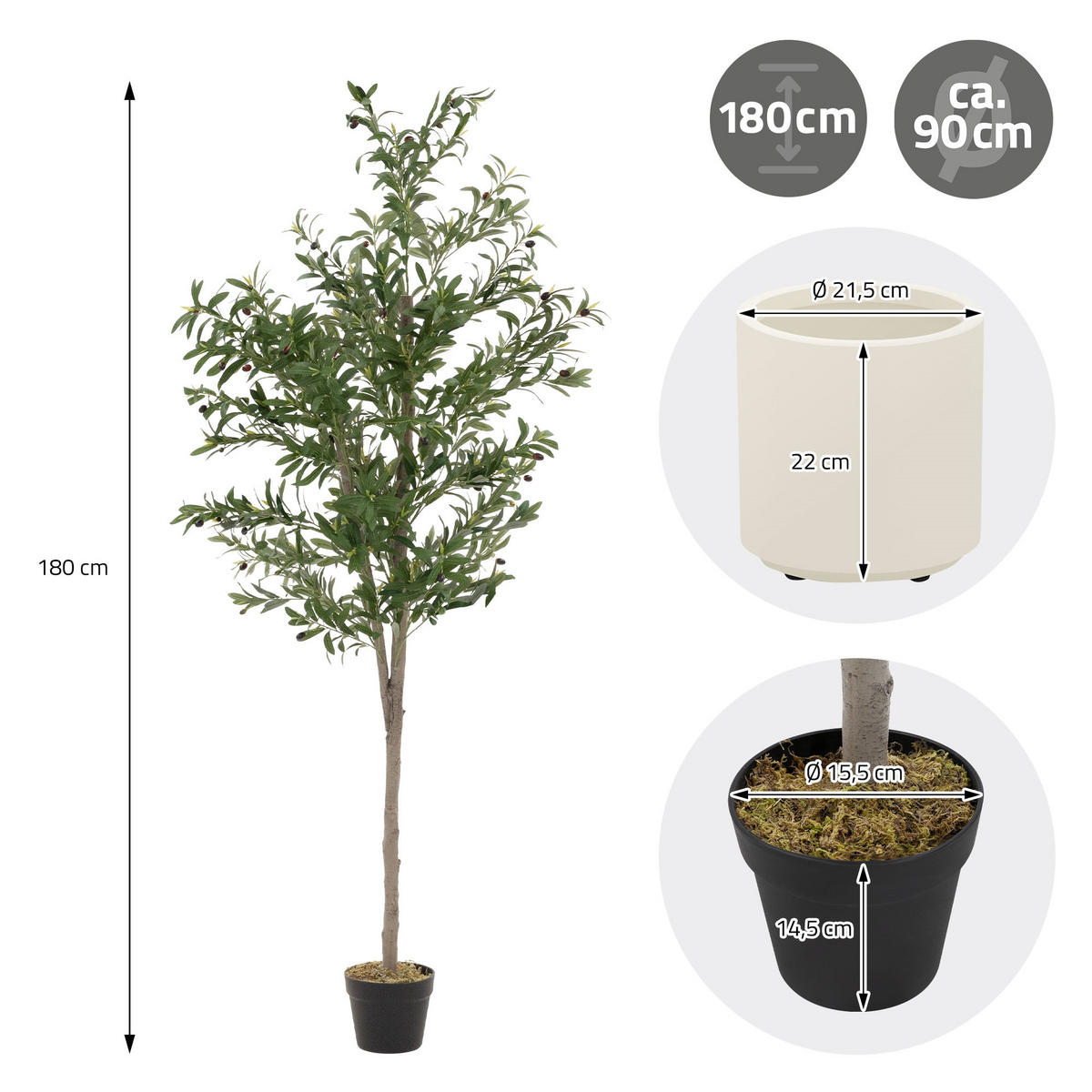 KUNSTPFLANZE Olive - Anthrazit/Grün, Holz/Kunststoff (180cm) - ML-DESIGN