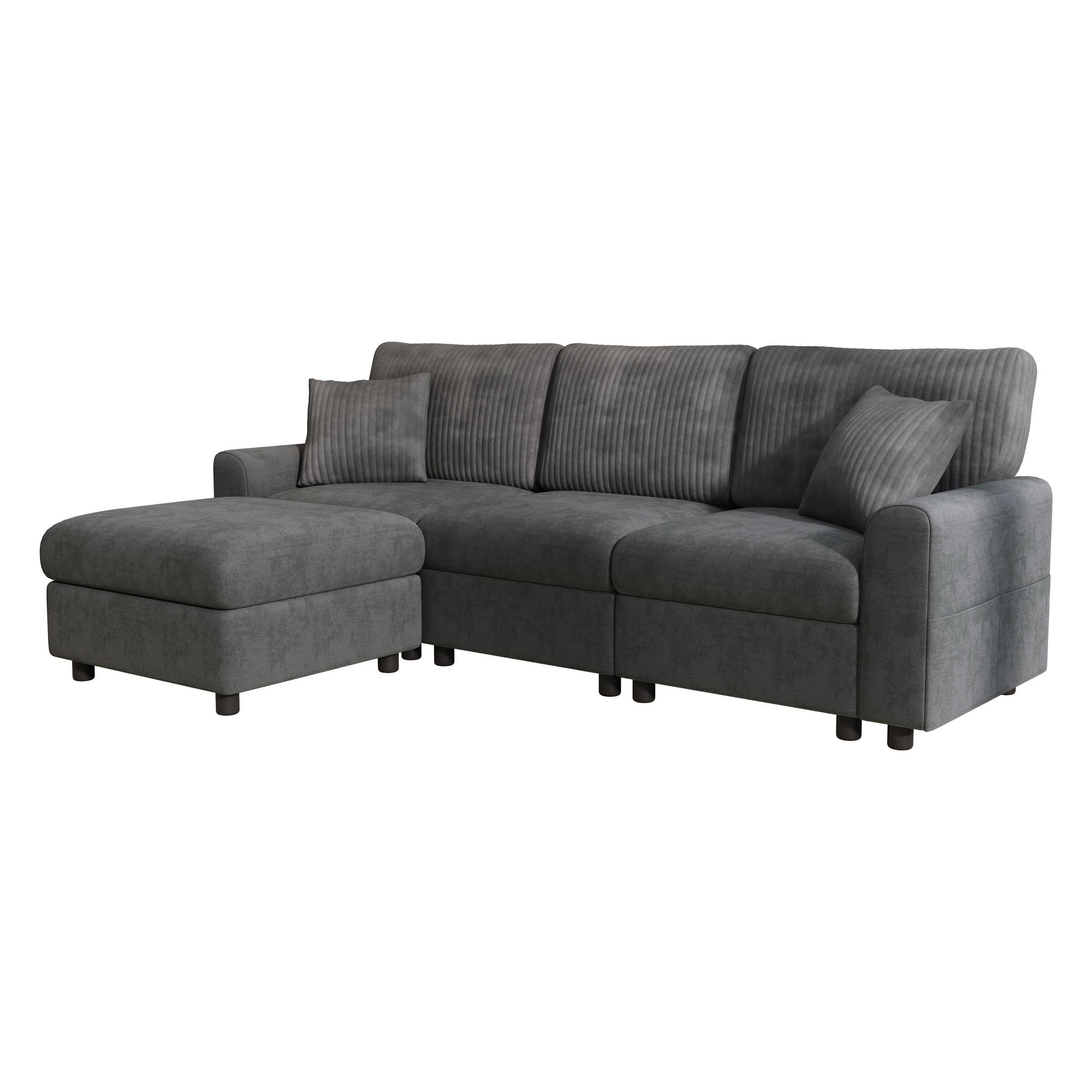 ECKSOFA Chenille und Cord Schwarz mit USB, Type-C und mit Hocker - Schwarz, Holzwerkstoff/Kunststoff (223/146cm) - WISHDOR