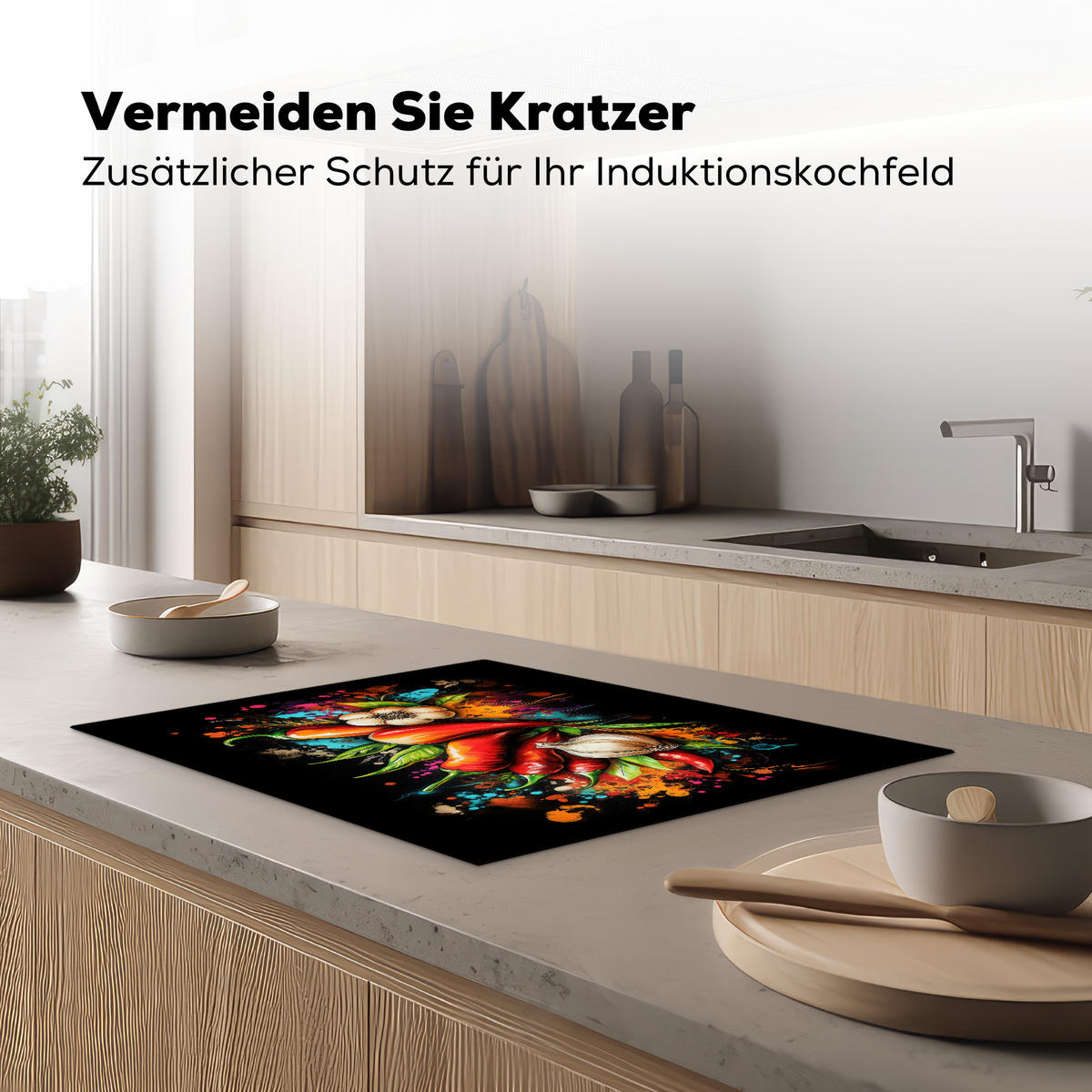 HERDABDECKPLATTE Gemüse - Paprika - Knoblauch - Graffiti - Farbe - Bunt Induktionsmatte 71x52 cm - Rot, Kunststoff (71/52/0.2cm) - MuchoWow